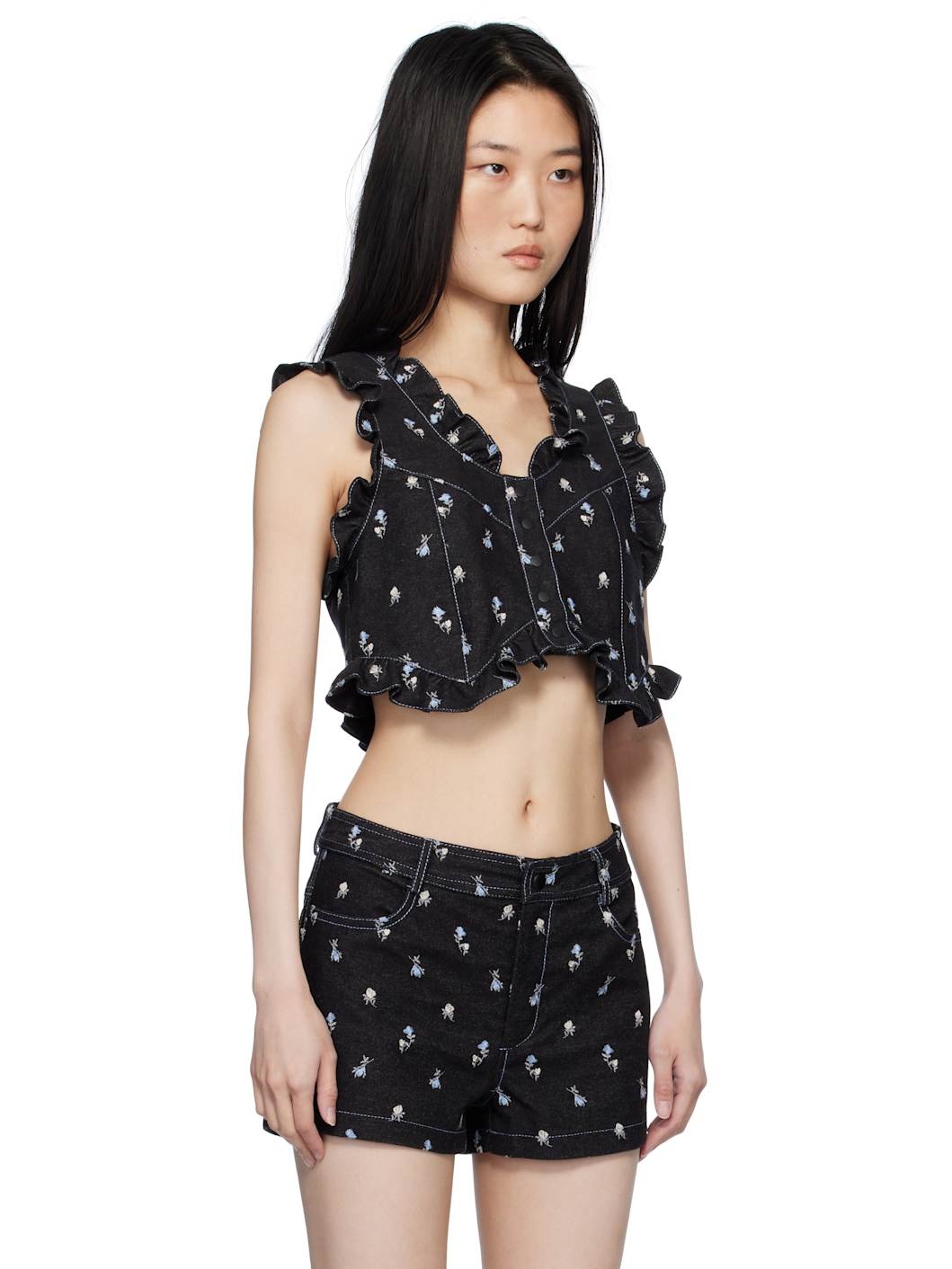Black Embroidered Roses Cropped Denim Vest - 2