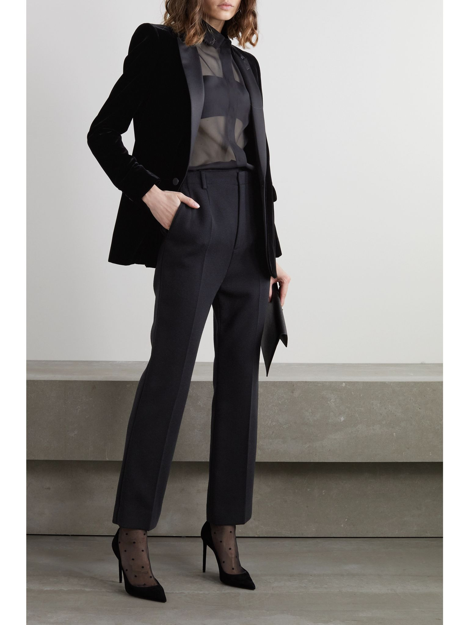 Satin-trimmed velvet blazer Black - 2