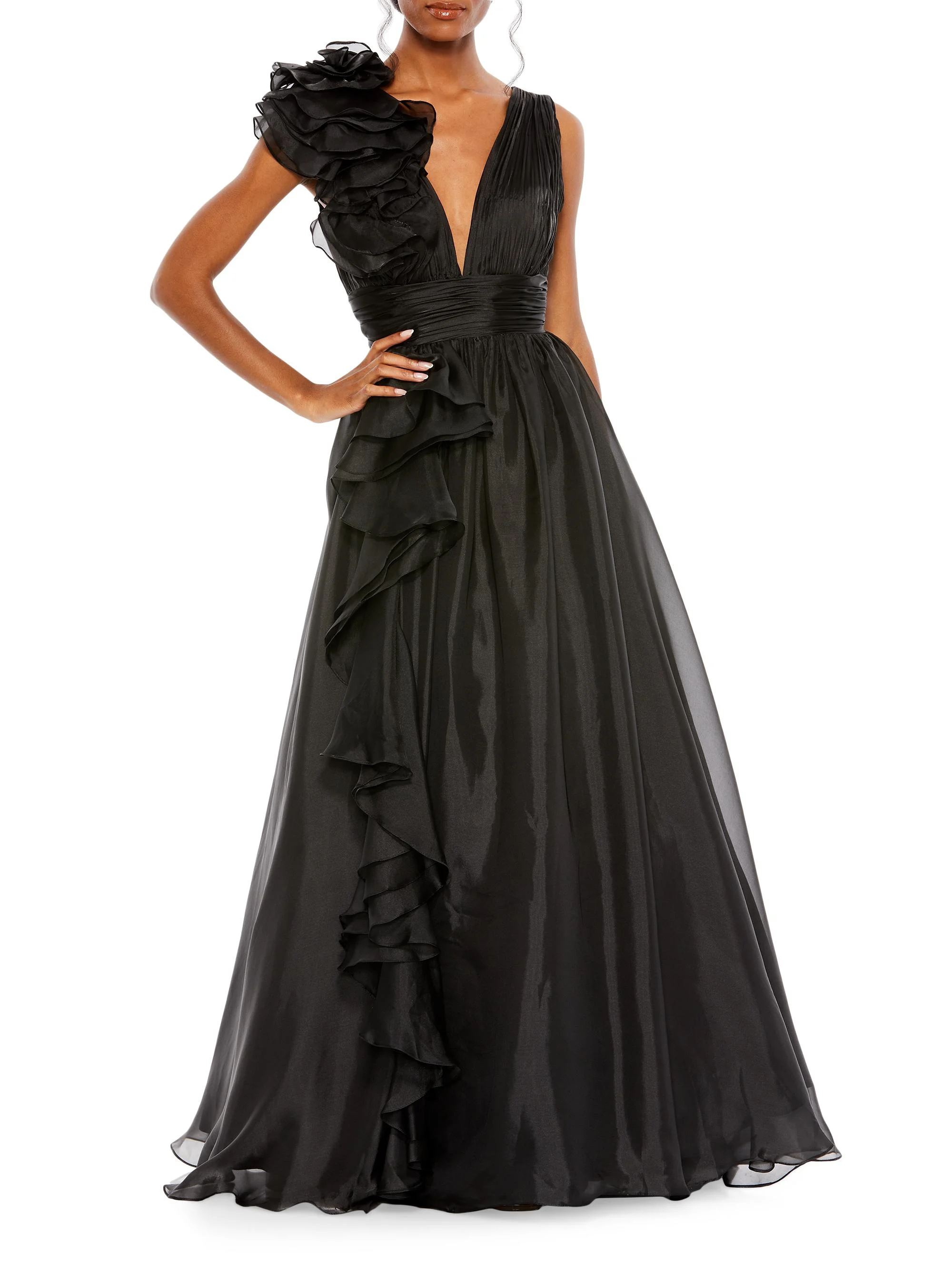 Women's Ruffle Shoulder V-Neck Gown - Black - 1
