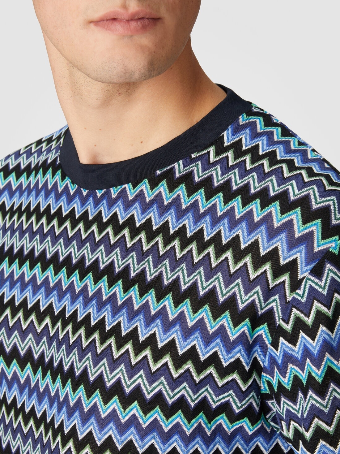 Zig zag cotton crewneck T-shirt with contrasting collar - 5