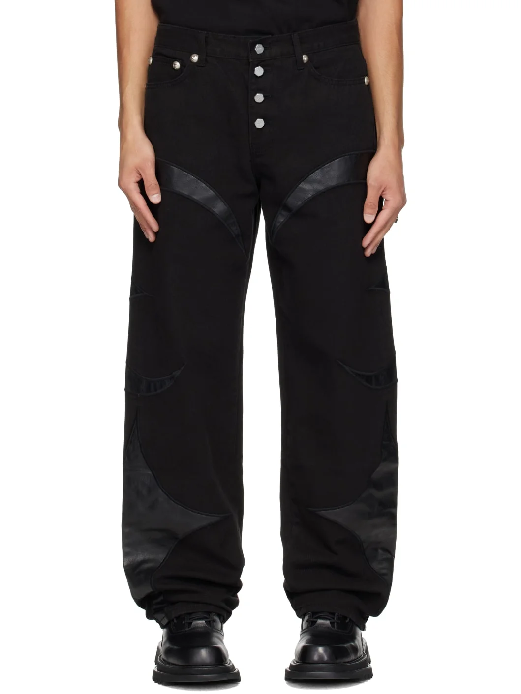 Black TC Faux-Leather Washing Denim Jeans - 1