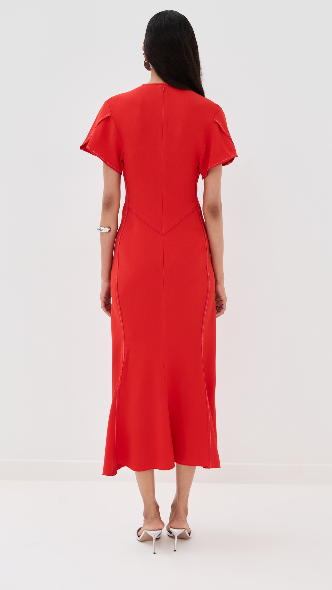 Gathered V Neck Midi Dress - 2