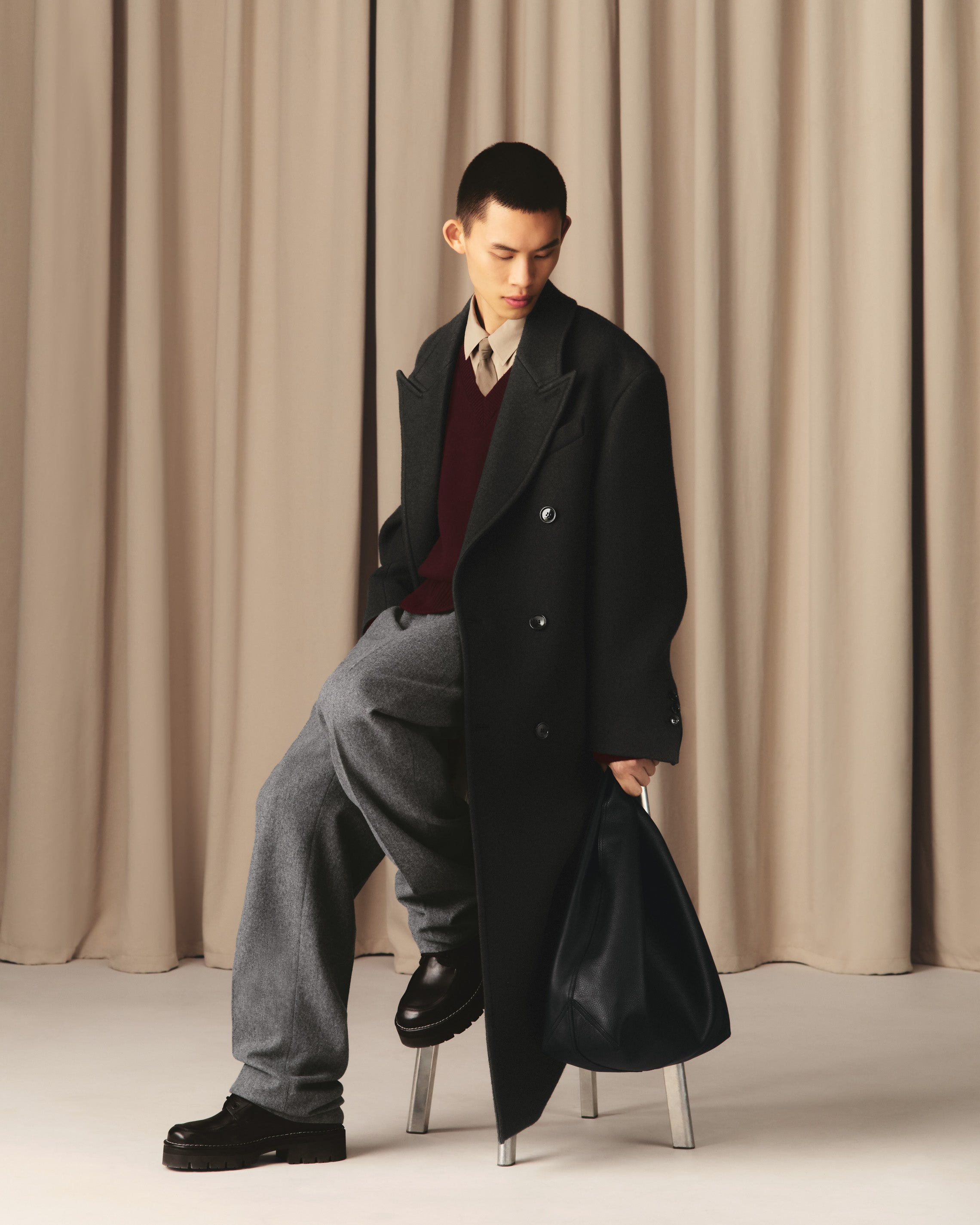 BLACK WOOL DOUBLE BREASTED LONG COAT - 7