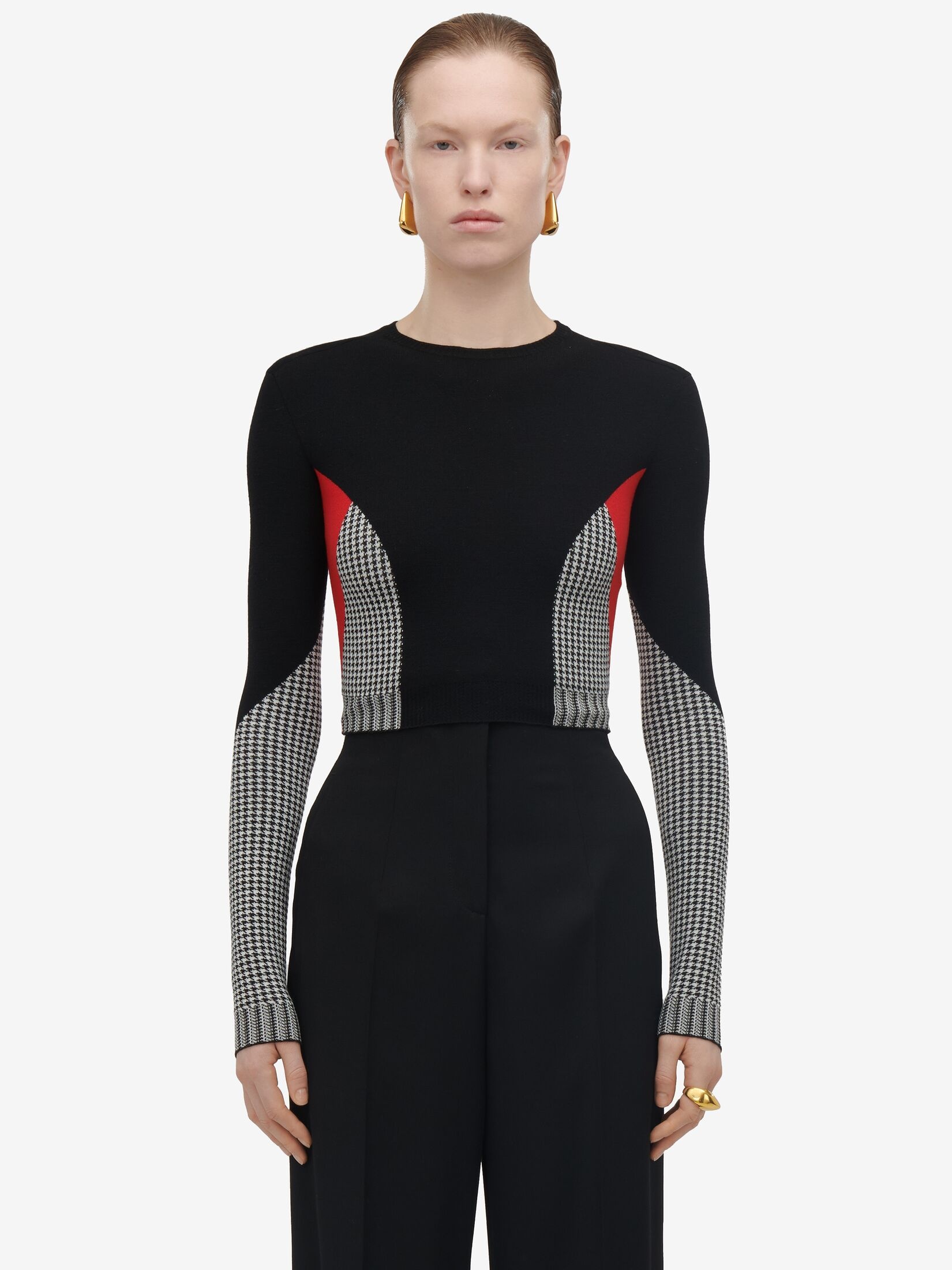 Women's Dogtooth Colour-block Jumper in Black/white/red - 5