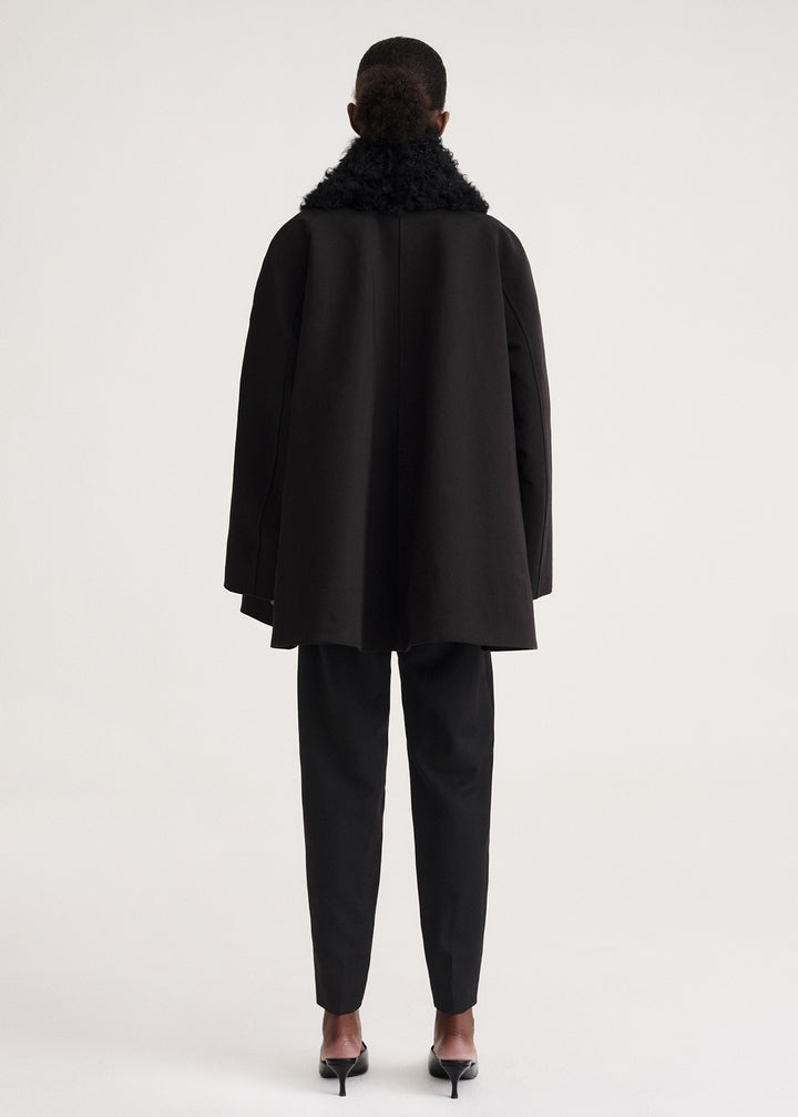 Shearling collar gabardine jacket black - 4