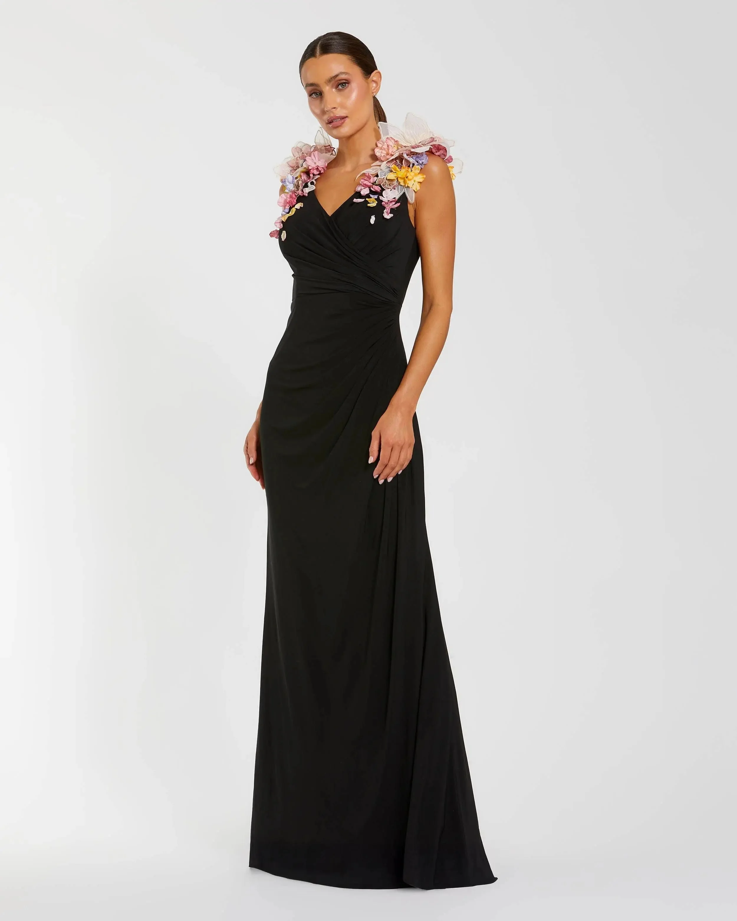 Black Multi Jersey V-Neck Gown With 3D Flowers - 1