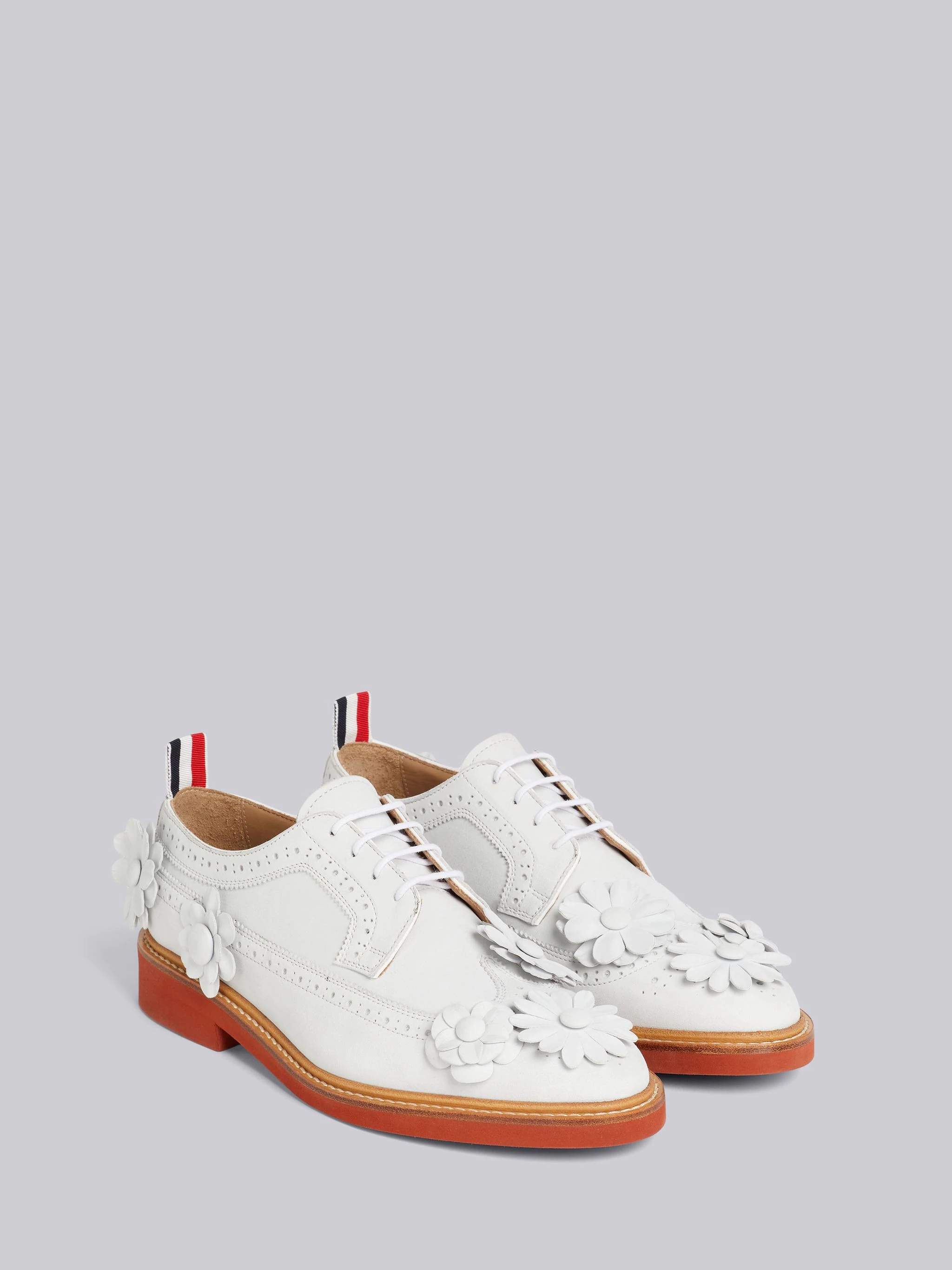 White Fine Kid Suede Floral Applique Micro Sole Longwing Brogue - 3