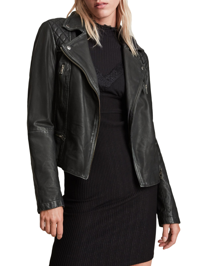 Women's Cargo Leather Biker Jacket - Black Grey 3