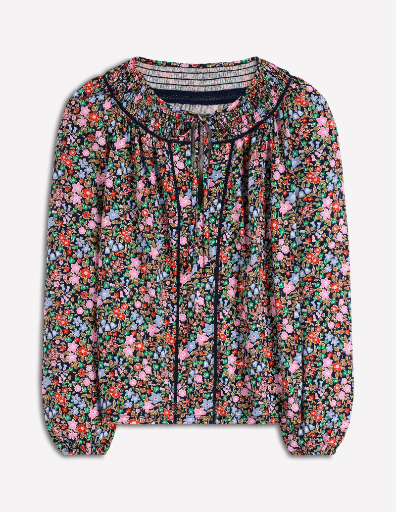 Georgia Smocked Jersey Top-Navy and Multi, Flowerbed 1