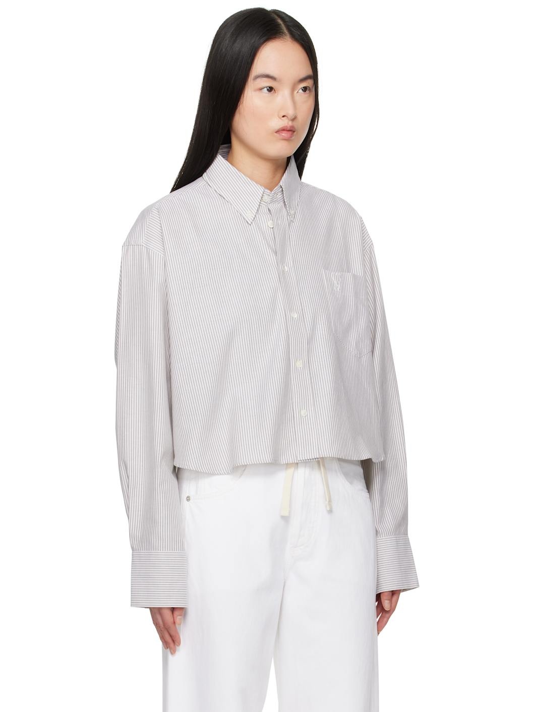 Khaki & Off-White Cotton Cropped Oversized Shirt - 2