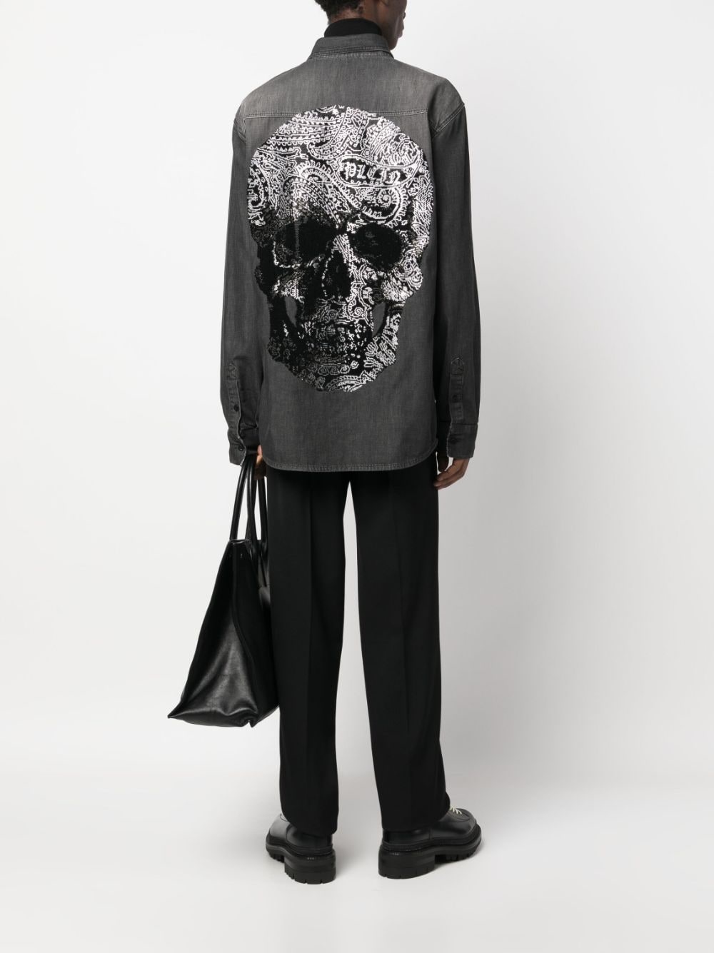 rhinestone skull-print denim shirt - 2