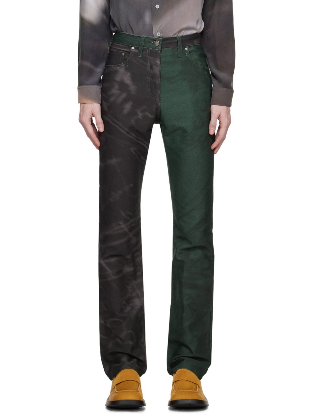 Green & Black Paneled Jeans - 1