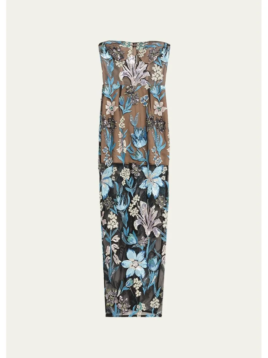 Dahlia Strapless Sequined Floral Tulle Gown - 1