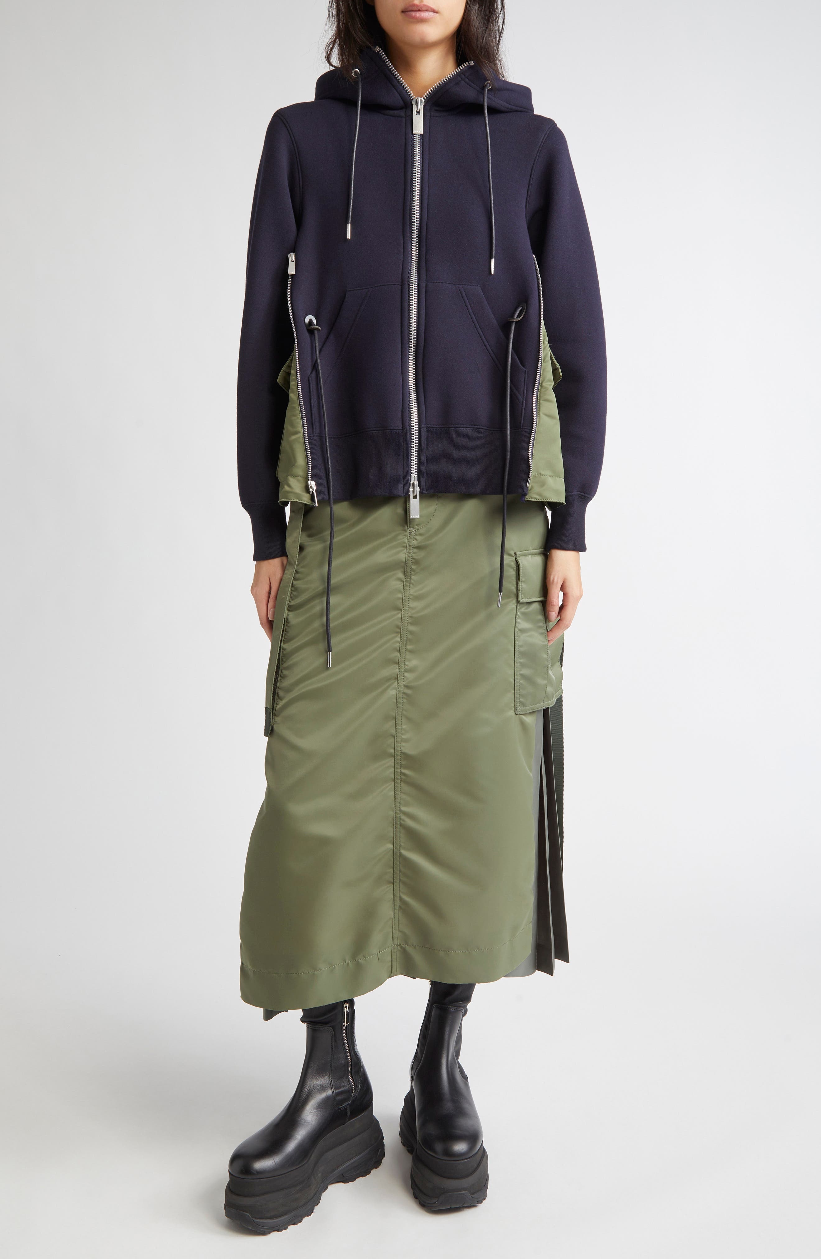 Sacai Sponge Sweat x Nylon Twill Hoodie in Navy/Khaki 212 at Nordstrom - 7