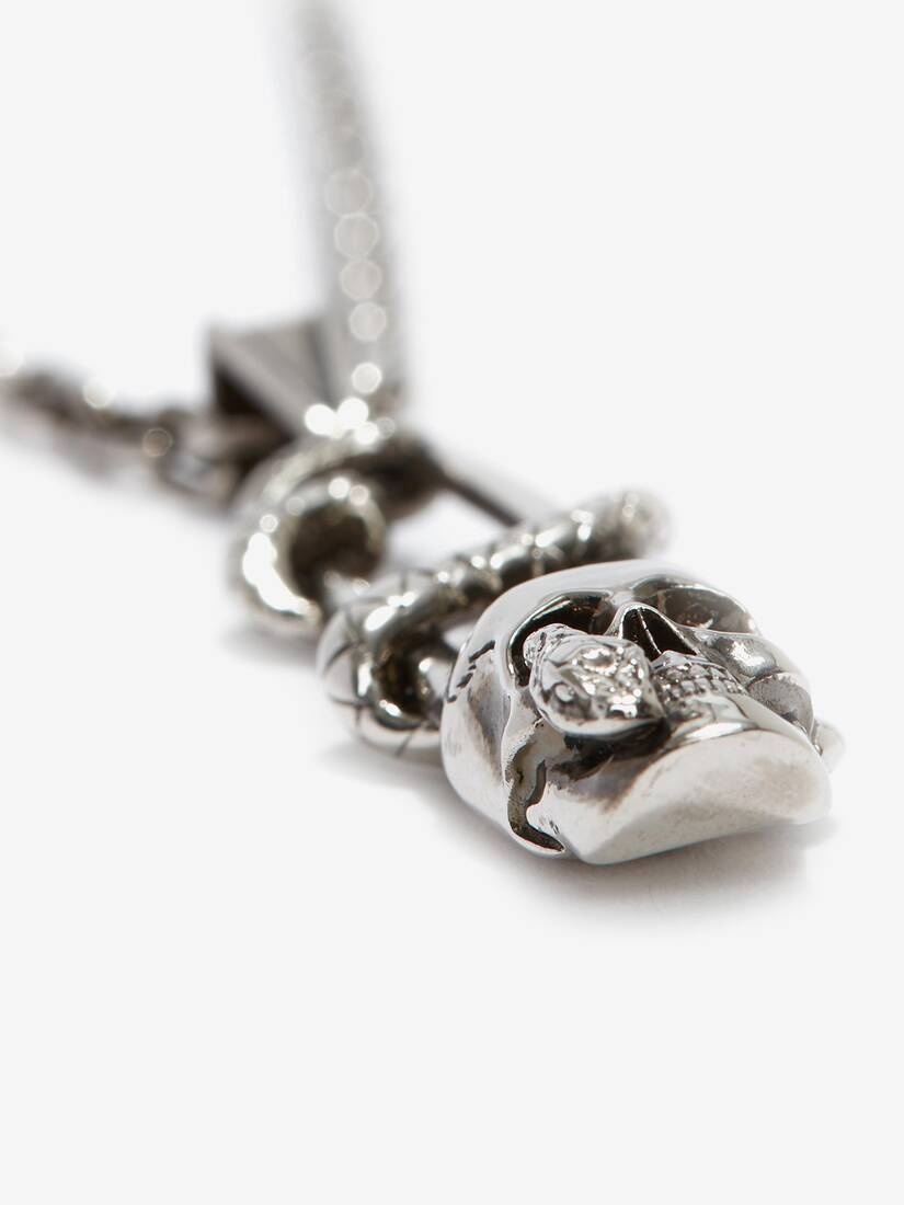 Skull Safety Pin Necklace in Antique Silver - 3