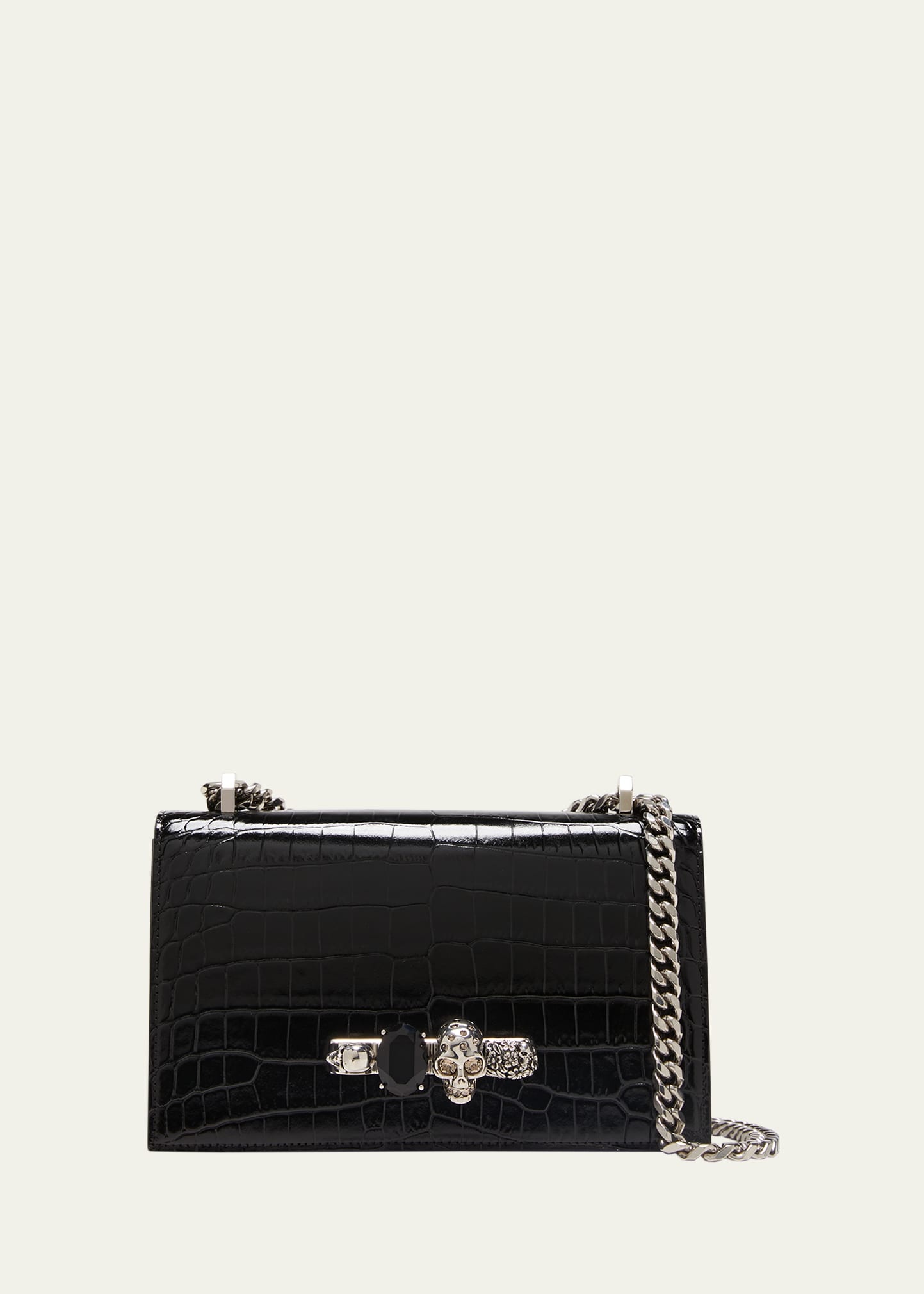 Shiny Croc-Embossed Jeweled Shoulder Bag - 1