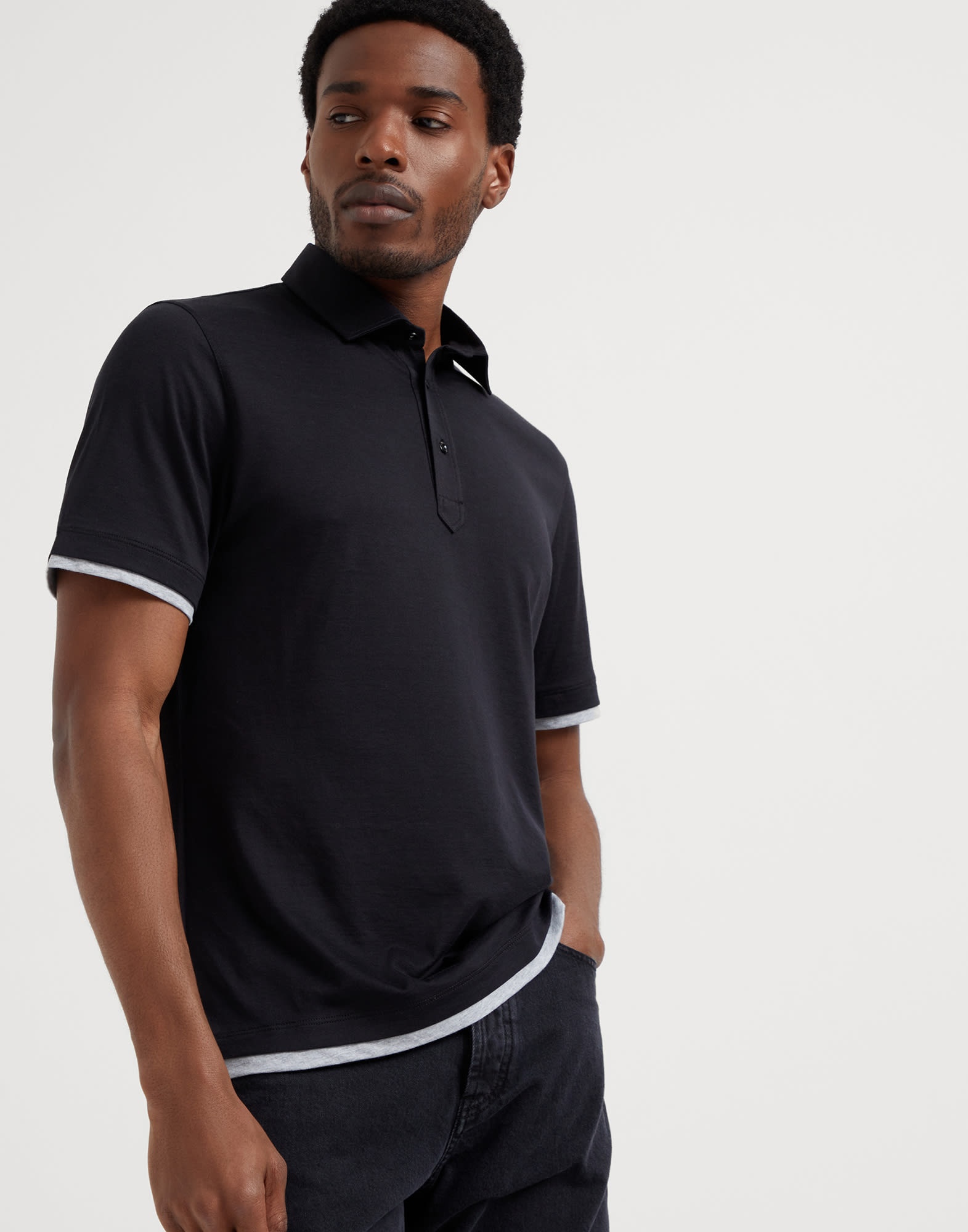 Silk and cotton lightweight jersey polo with shirt-style collar and faux-layering - 1