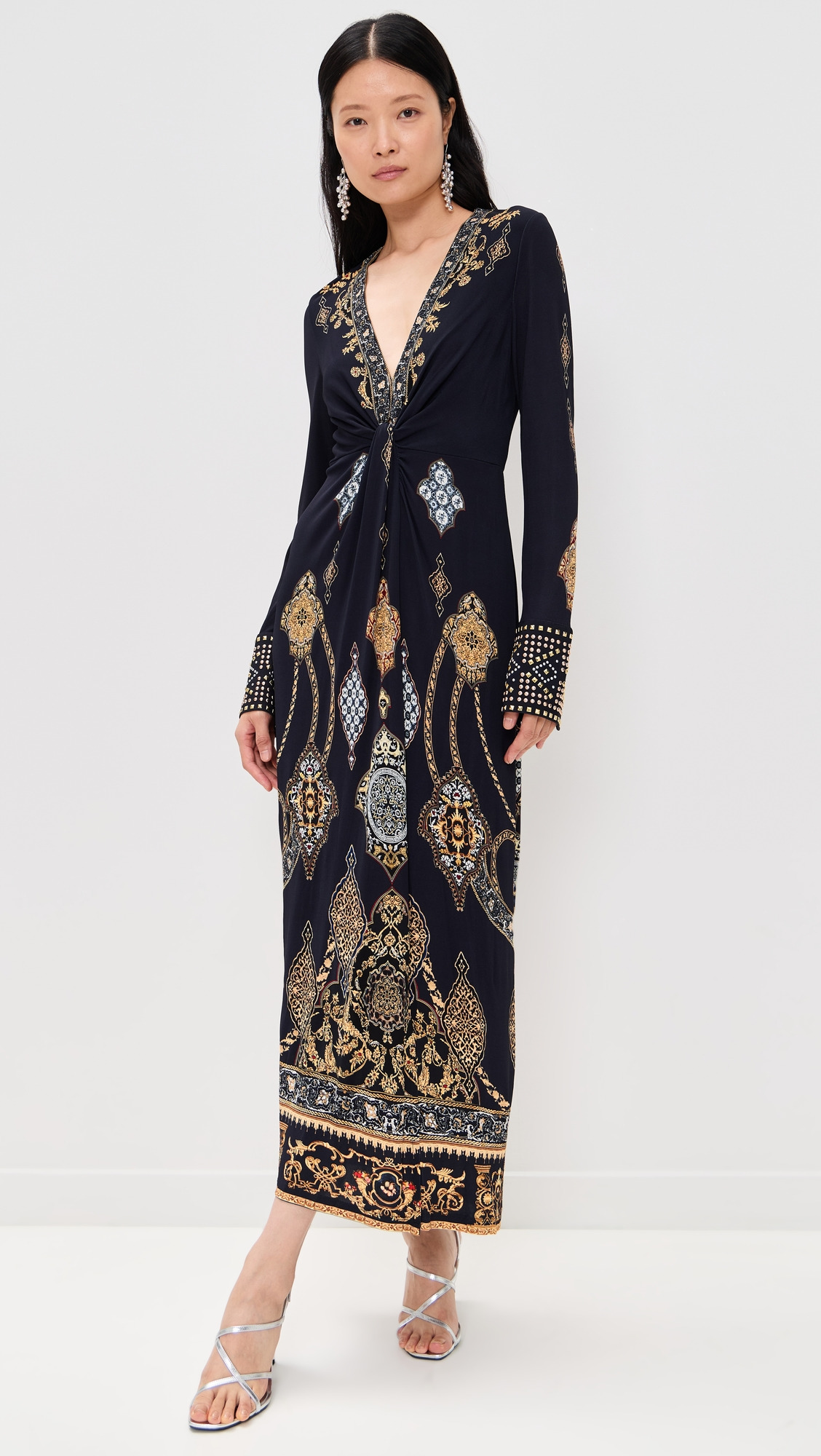 Long V Neck Twist Front Jersey Dress - 6