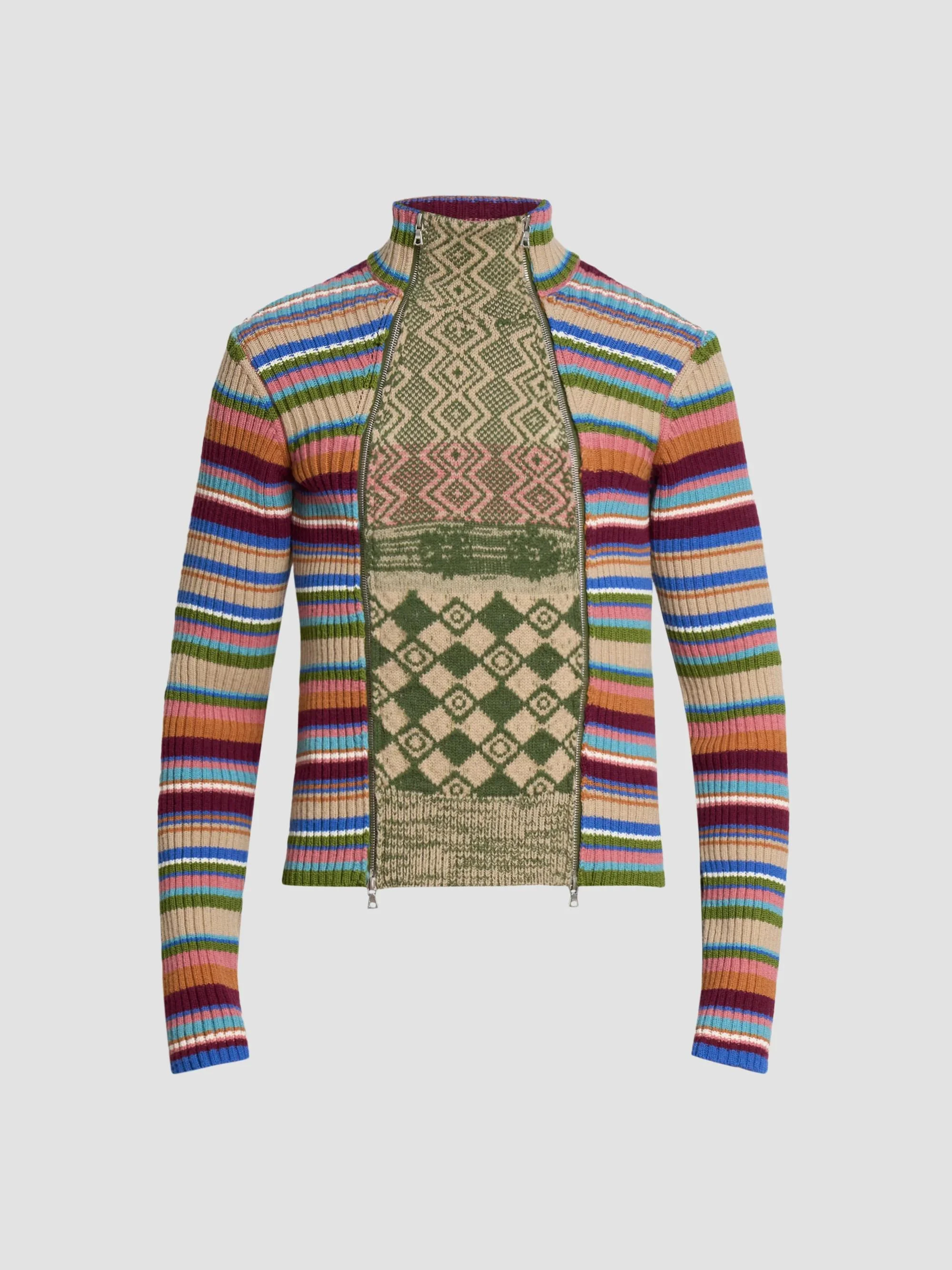 Men's Striped Wool Rib-Knit Cardigan - Old Rose - 1