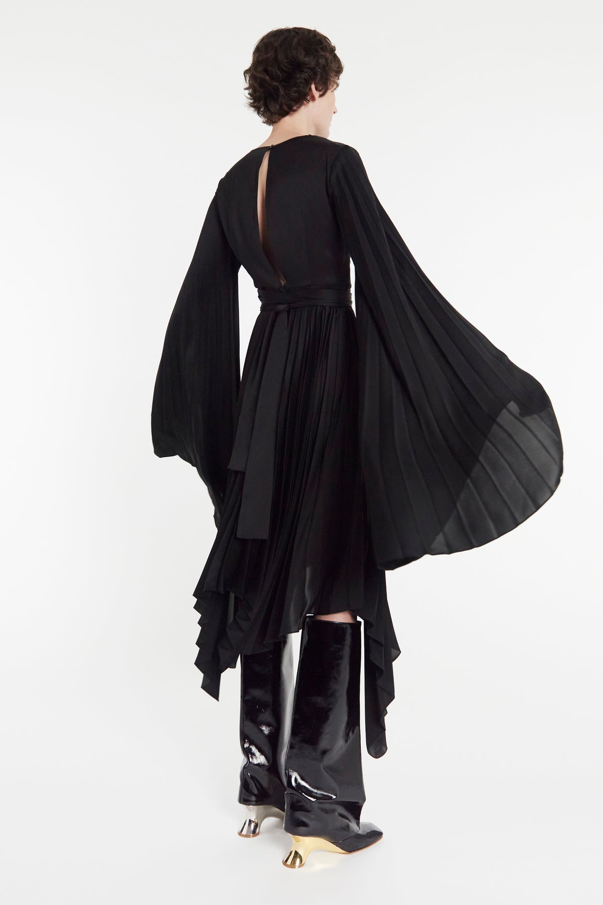 WRAP AROUND MIDI DRESS WITH PLEATED SKIRT & SLEEVES BLACK - 2
