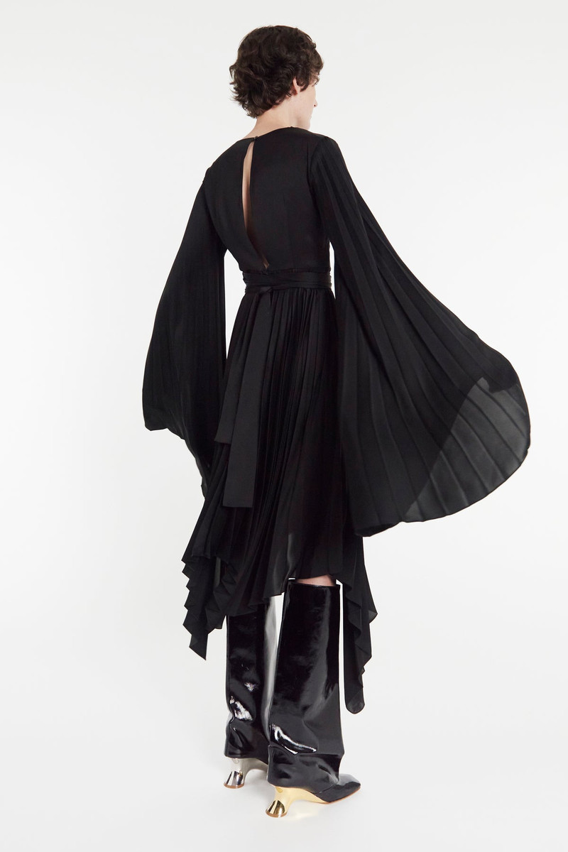 WRAP AROUND MIDI DRESS WITH PLEATED SKIRT & SLEEVES BLACK 2