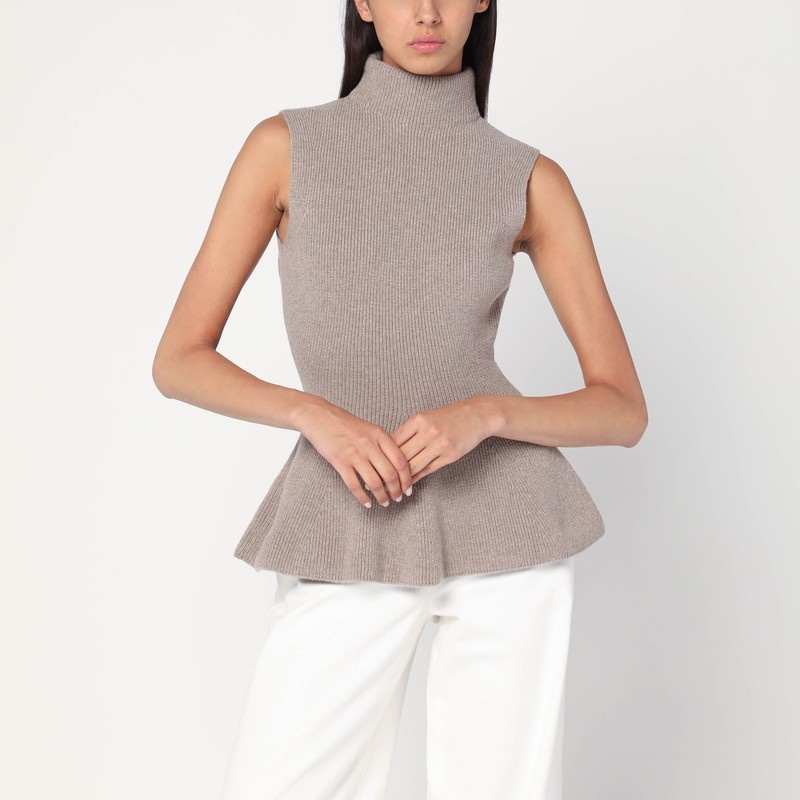 Sleeveless taupe mÃlange top in cashmere blend - 1