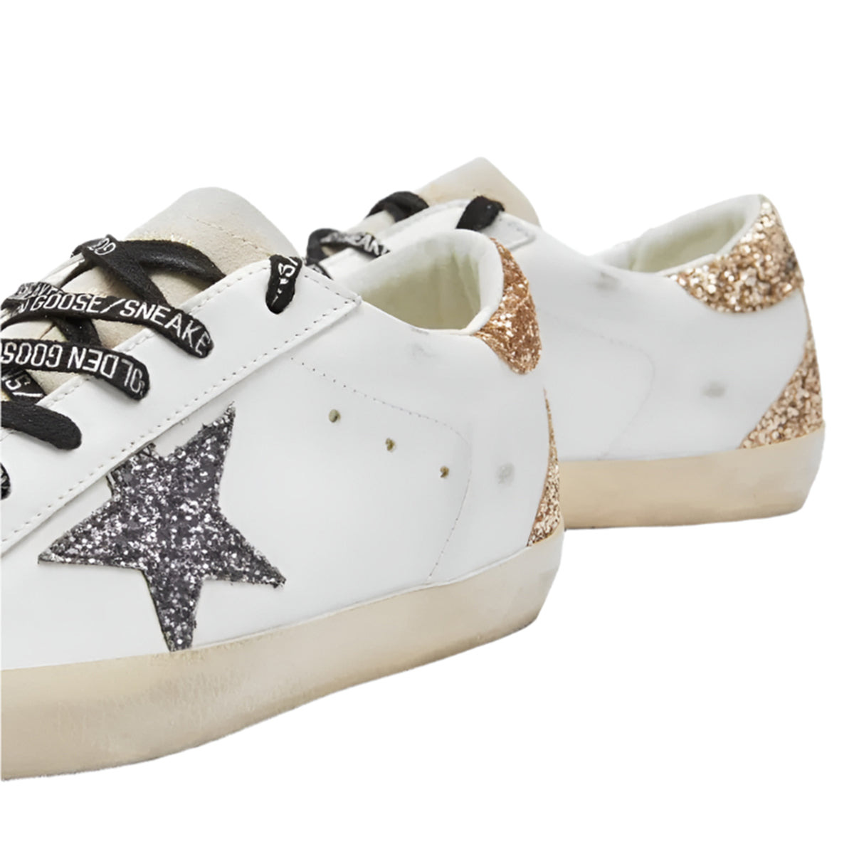 WOMEN'S SUPER-STAR LEATHER SNEAKERS W/GLITTER STAR (OPTIC WHITE/SEEDPEARL/BLACK/GOLD) - 3