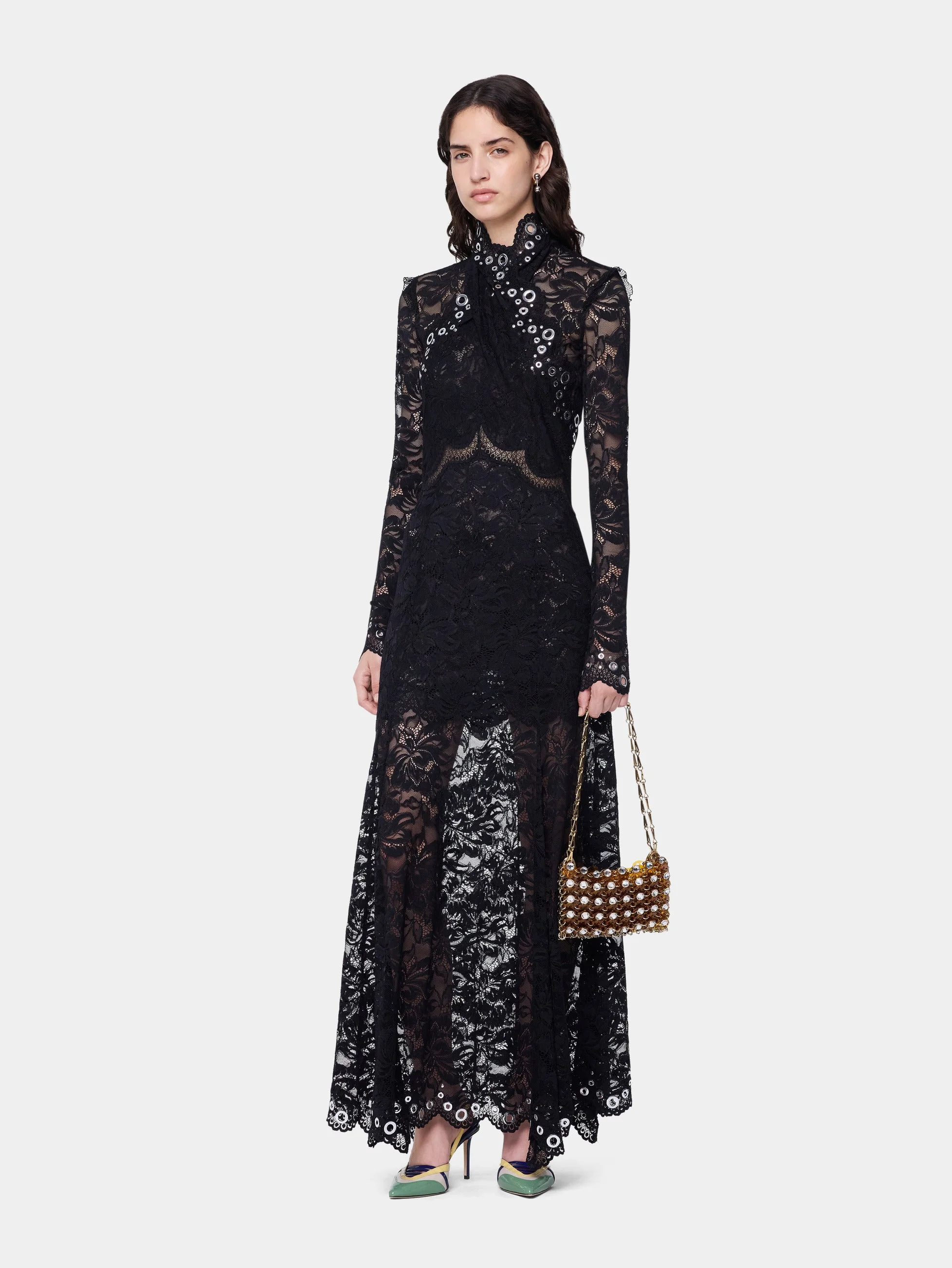 LONG DRESS IN BLACK LAYERED LACE WITH SILVER EYELETS DETAILS - 1