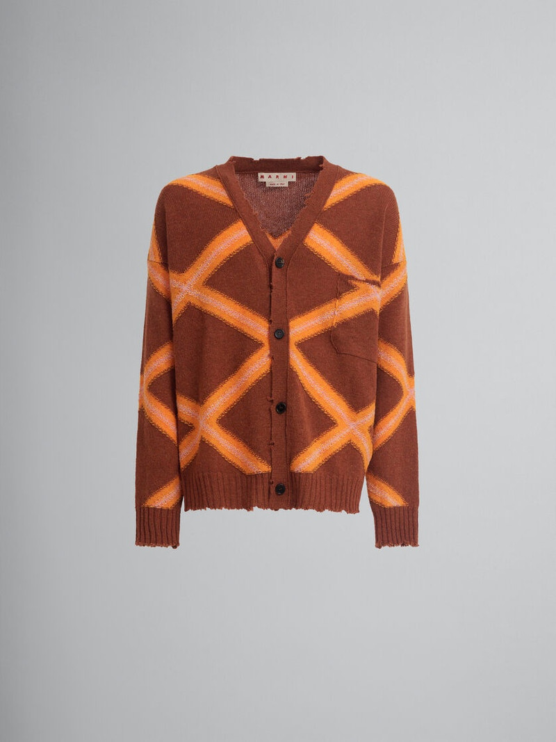 BROWN BROKEN WOOL CARDIGAN WITH ARGYLE MOTIF - 1
