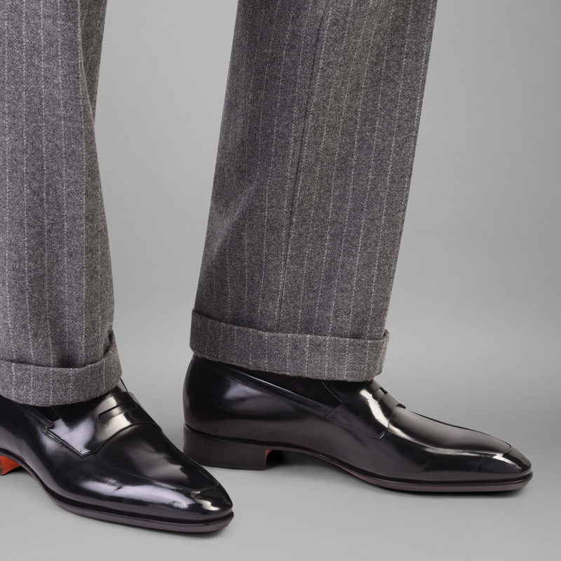 Santoni Men's black leather penny loafer outlook