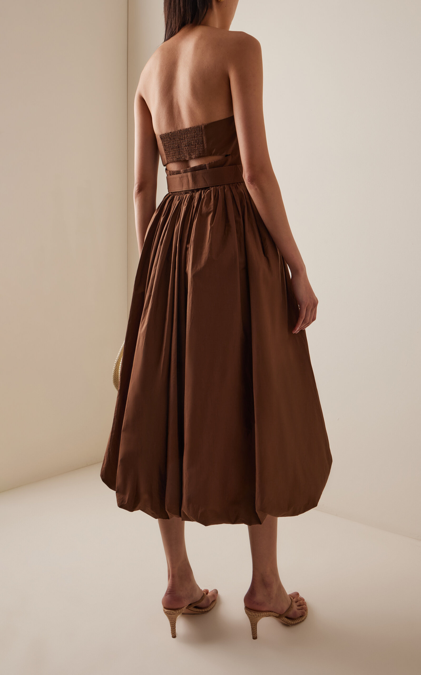 Anisha Belted Strapless Linen Bubble-Hem Midi Dress brown - 4