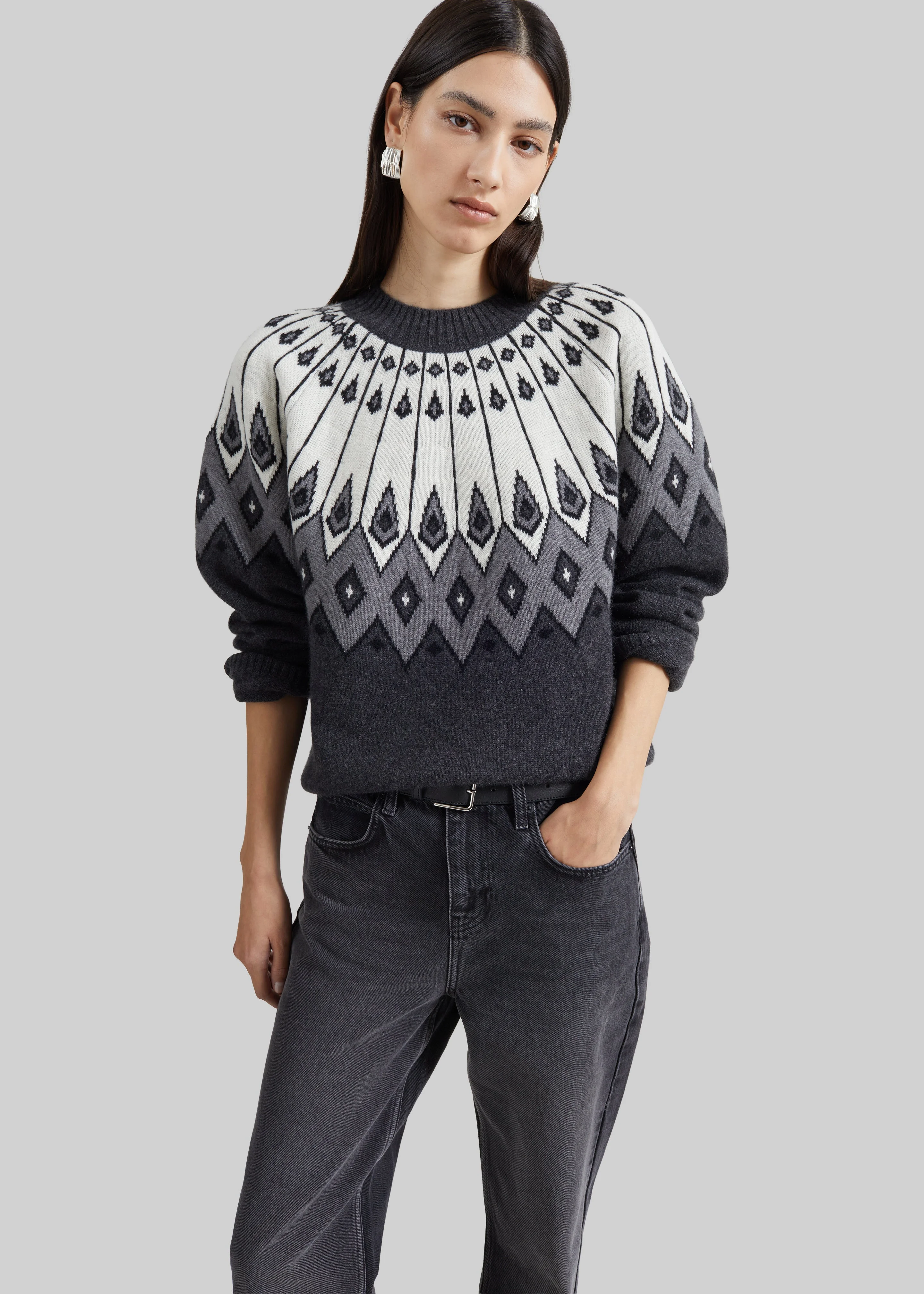 Loulou de Saison Hans Raglan Crewneck Sweater - Grey/Ivory/Black - 1