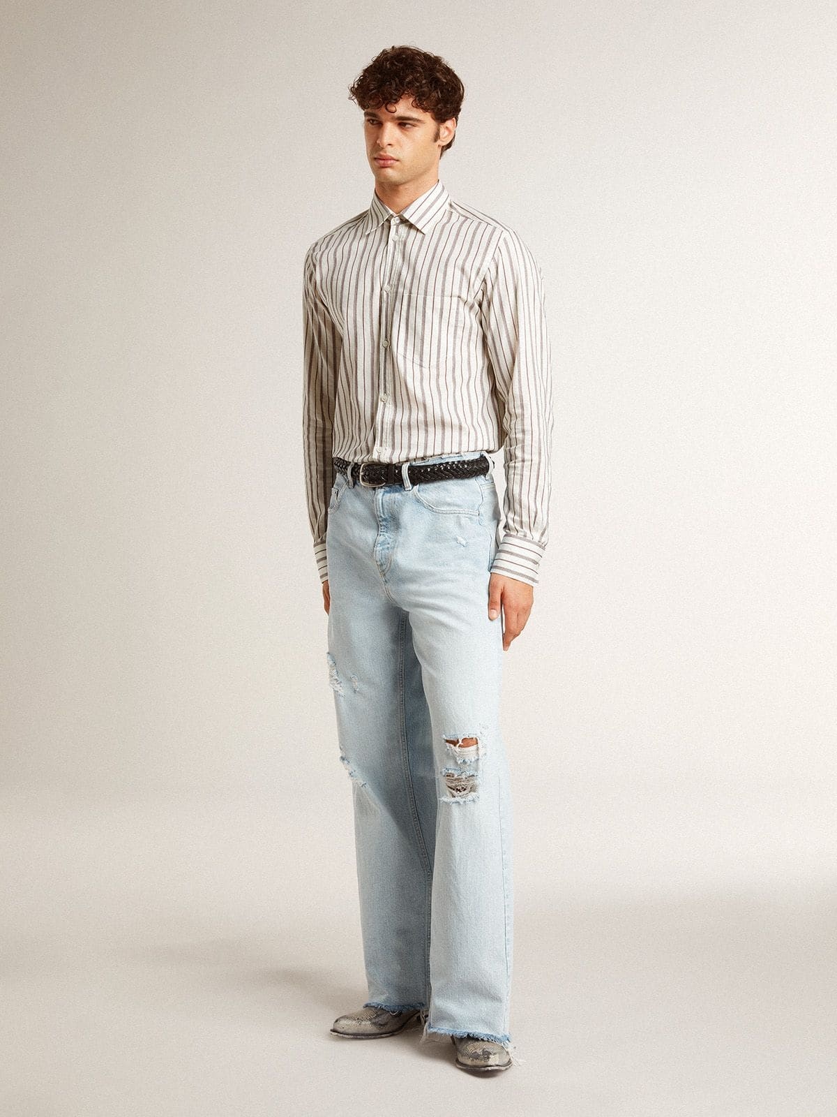 Men's white cotton shirt with fine burgundy stripes - 3
