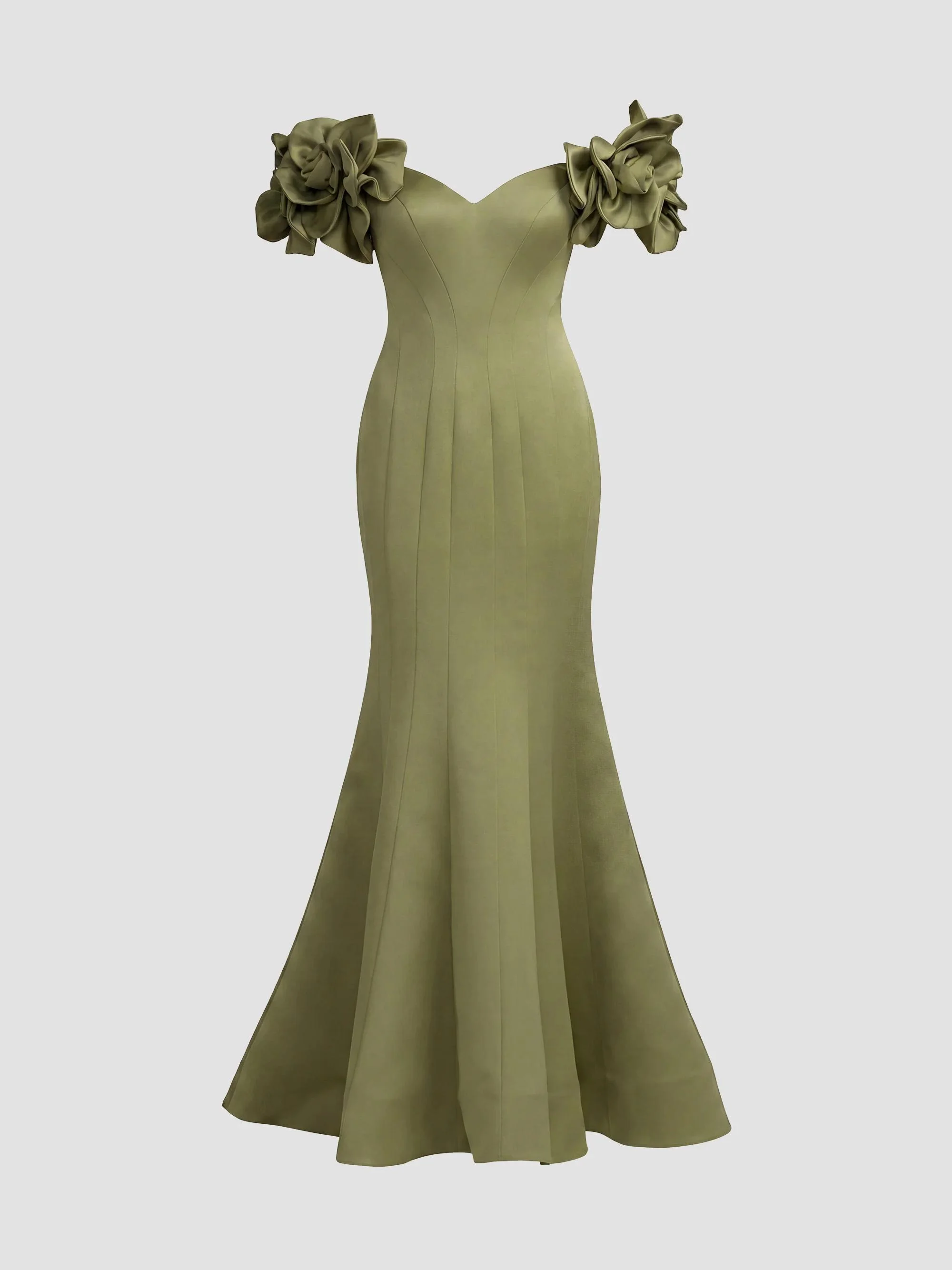 Women's Embellished Satin Off-Shoulder Trumpet Gown - Pear - 1