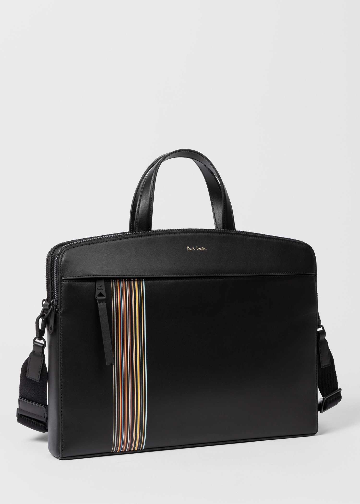 Black Leather 'Signature Stripe' Double Zip Folio - 3