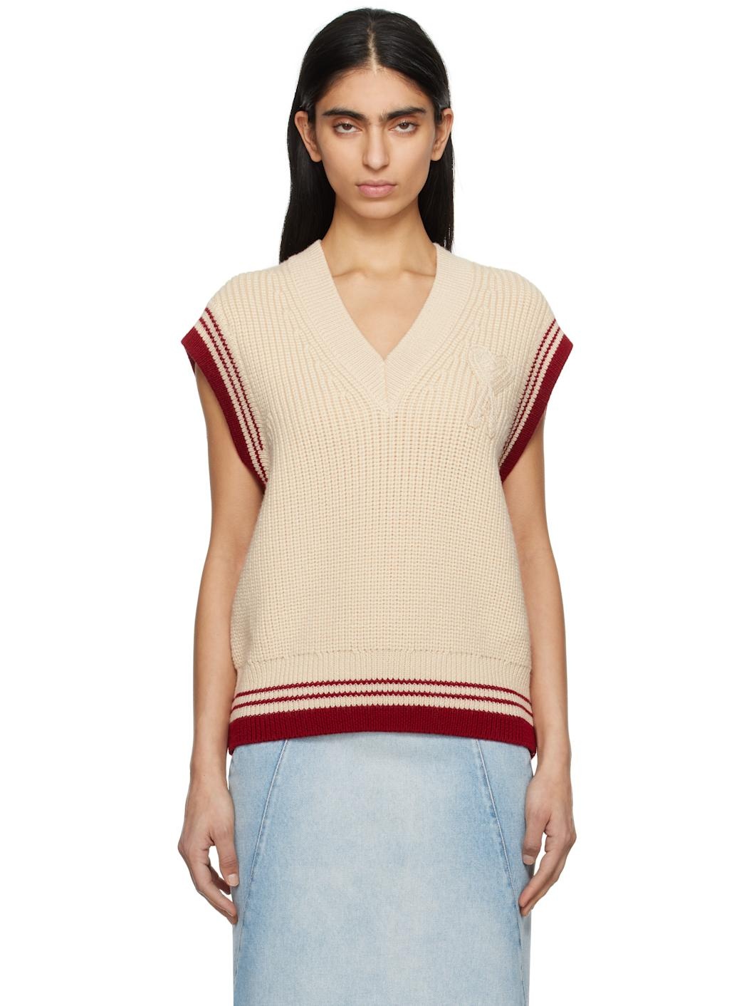Beige Wool Ribbed Sleeveless V Neck Vest - 1
