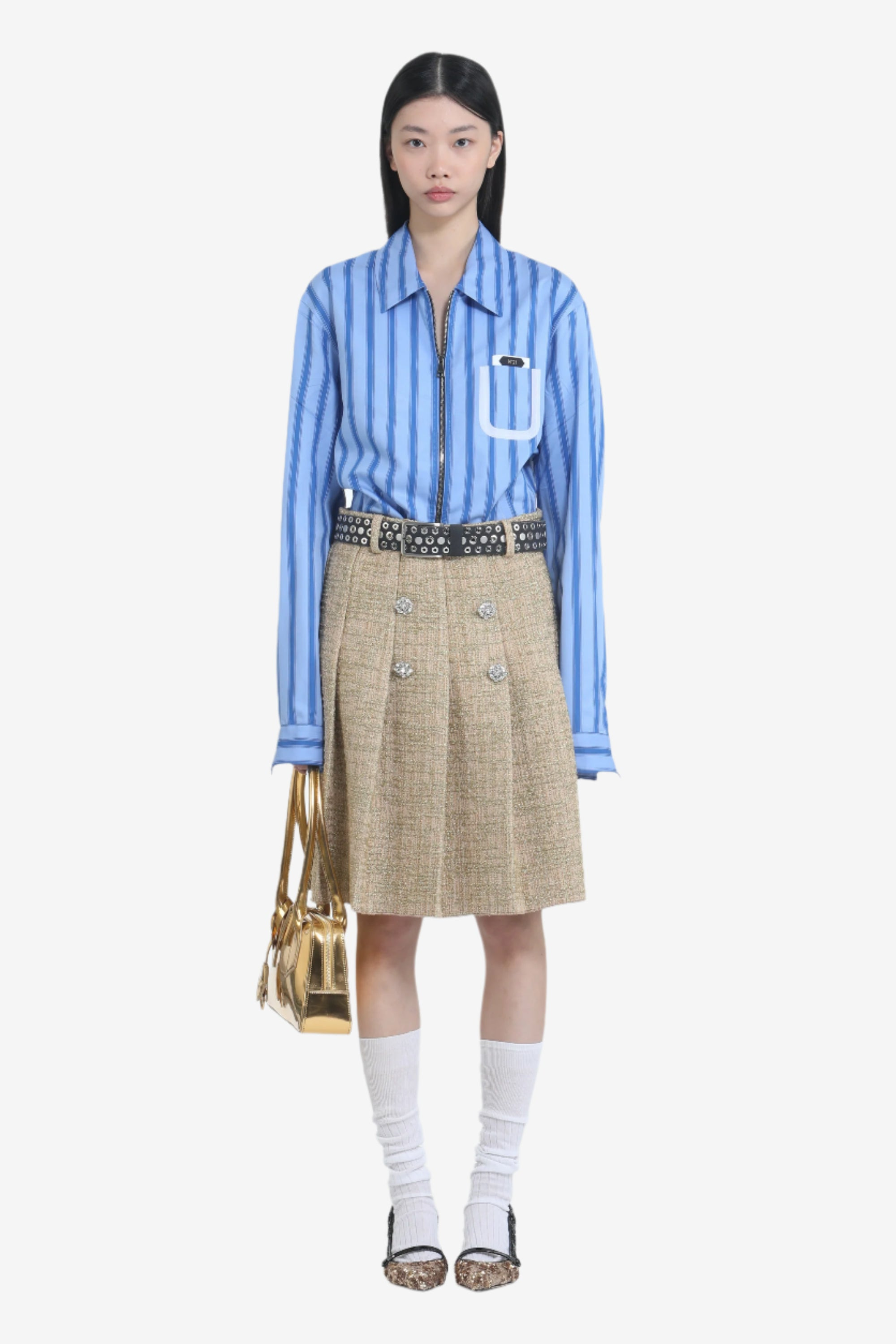 PLEATED SKIRT WITH BELT LOOPS AND JEWEL BUTTONS - 4