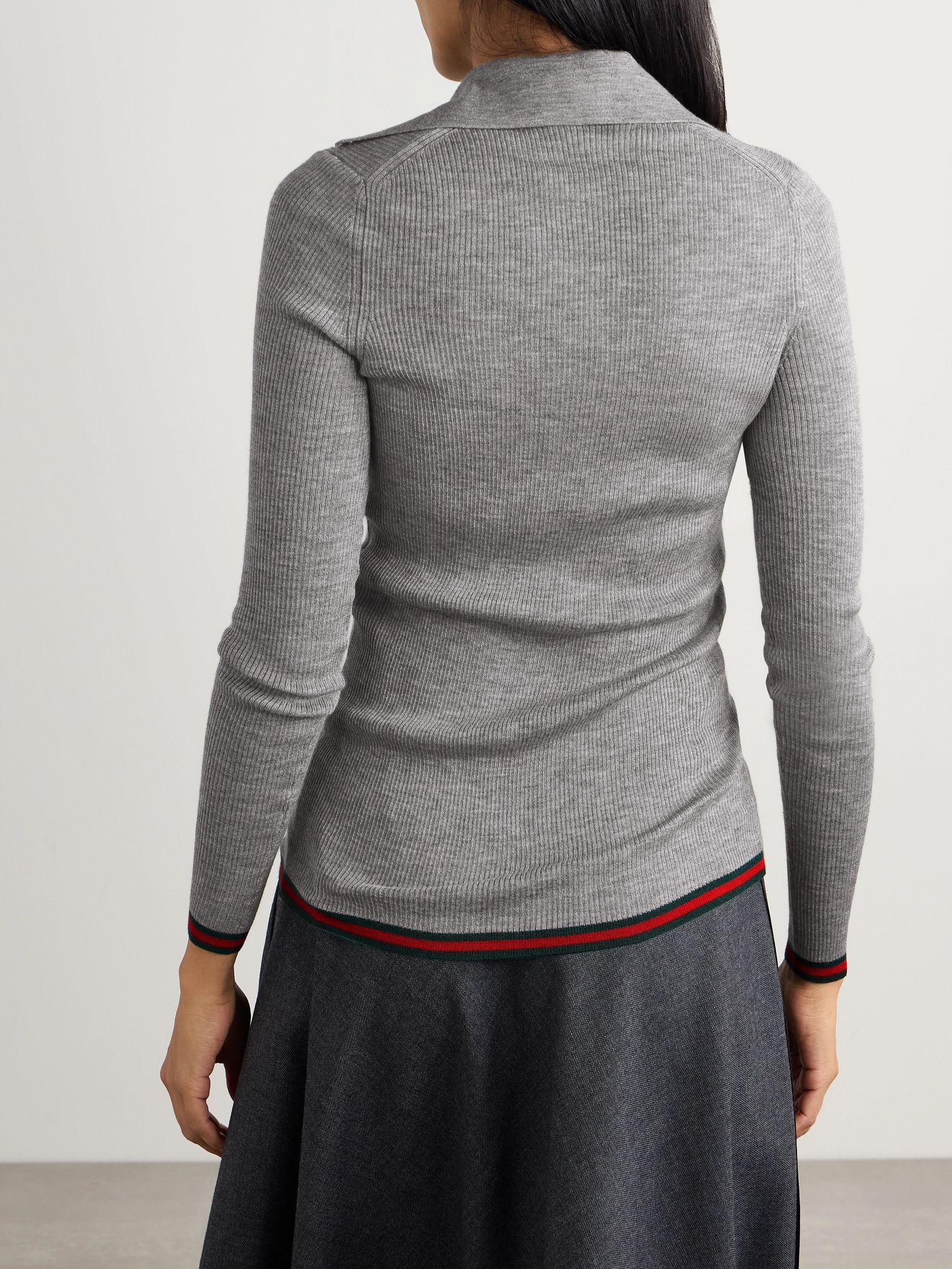 Striped ribbed cashmere and silk-blend polo shirt Light gray - 3