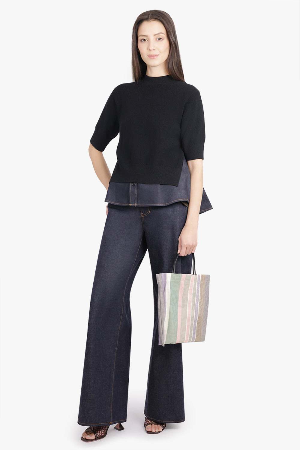 S/S PULL OVER KNIT WITH DENIM UNDERLAY | BLACK/INDIGO BLUE - 2