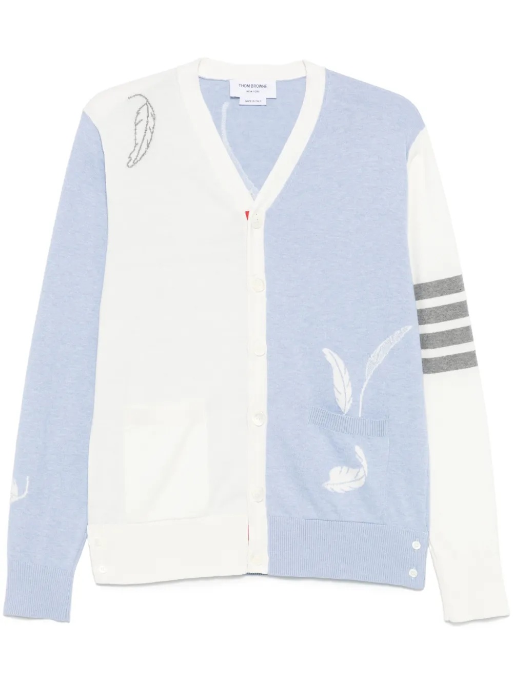 THOM BROWNE - MEN Funmix Feather Jersey Intarsia High V Neck Cardigan - 5