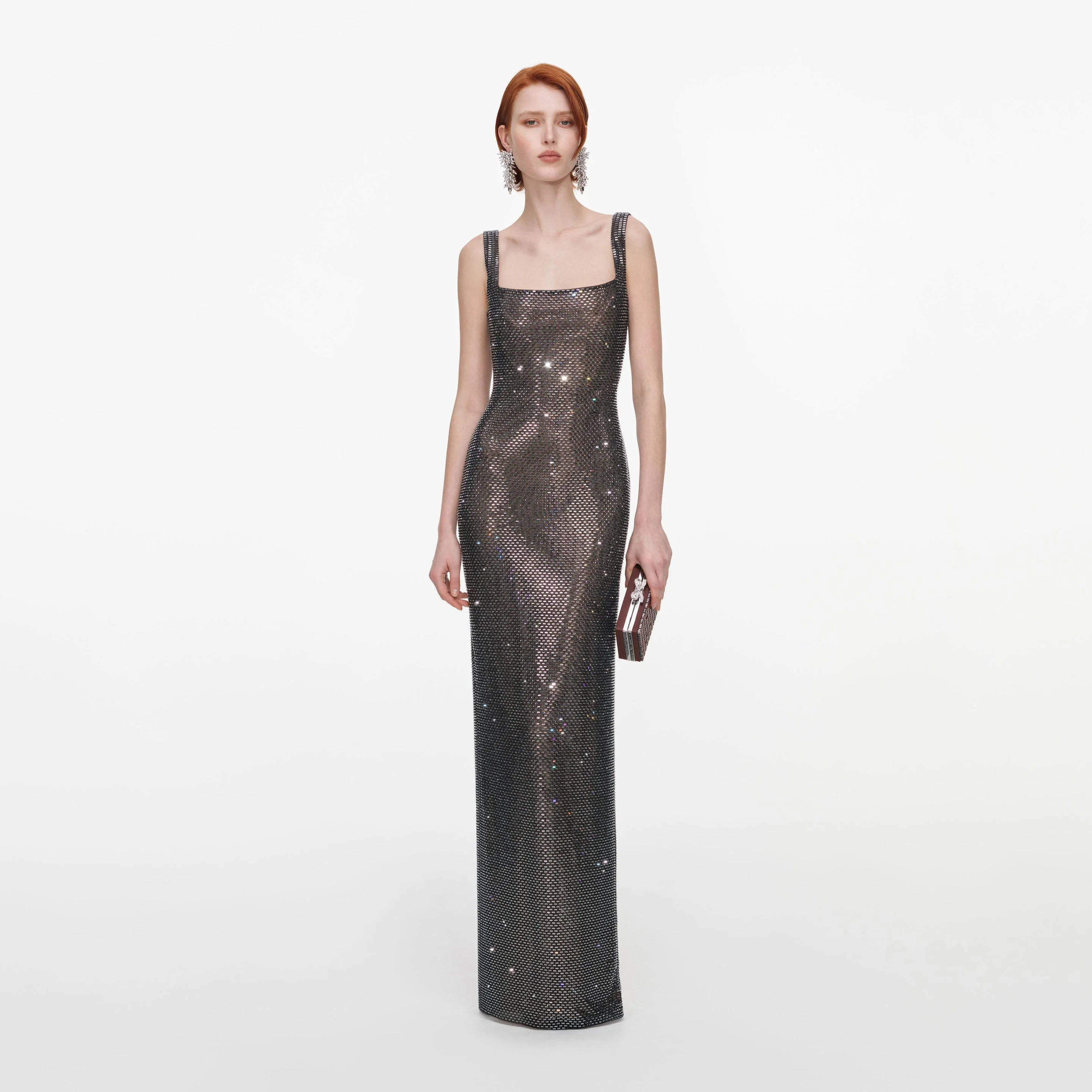 Gunmetal Square Neck Rhinestone Maxi Dress - 1