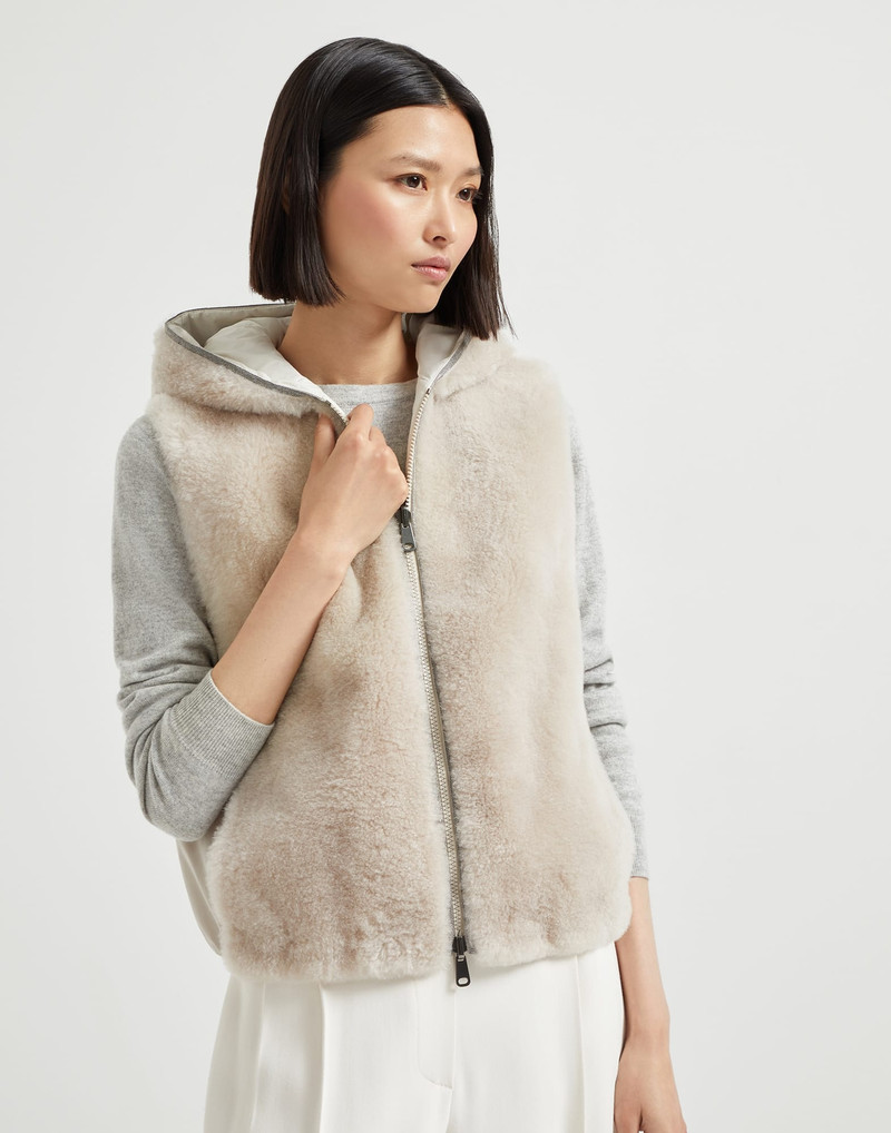 Cashmere shearling reversible hooded vest with precious trim 1