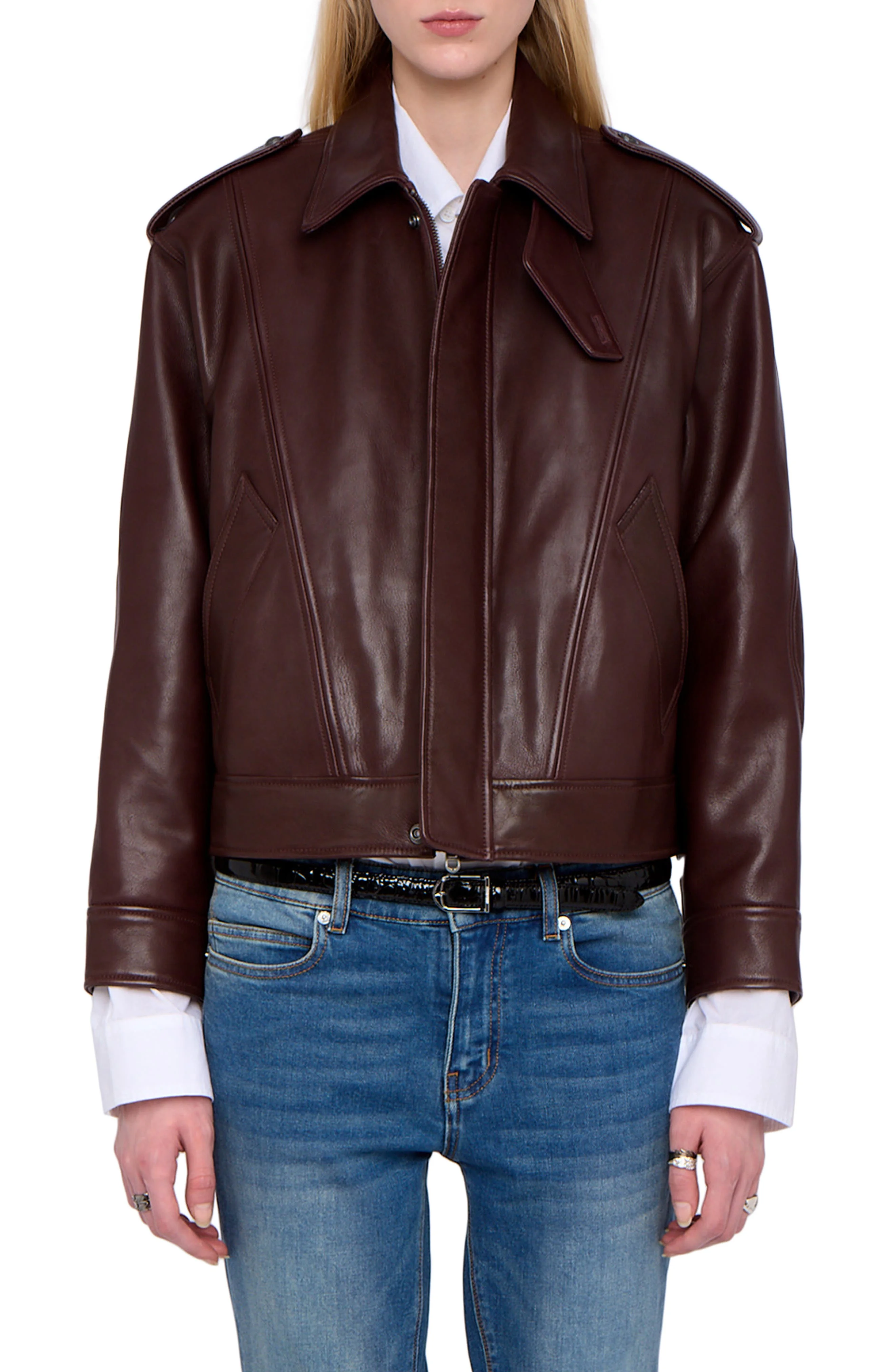 Zadig & Voltaire Lambskin Leather Jacket in Burgundy at Nordstrom - 1