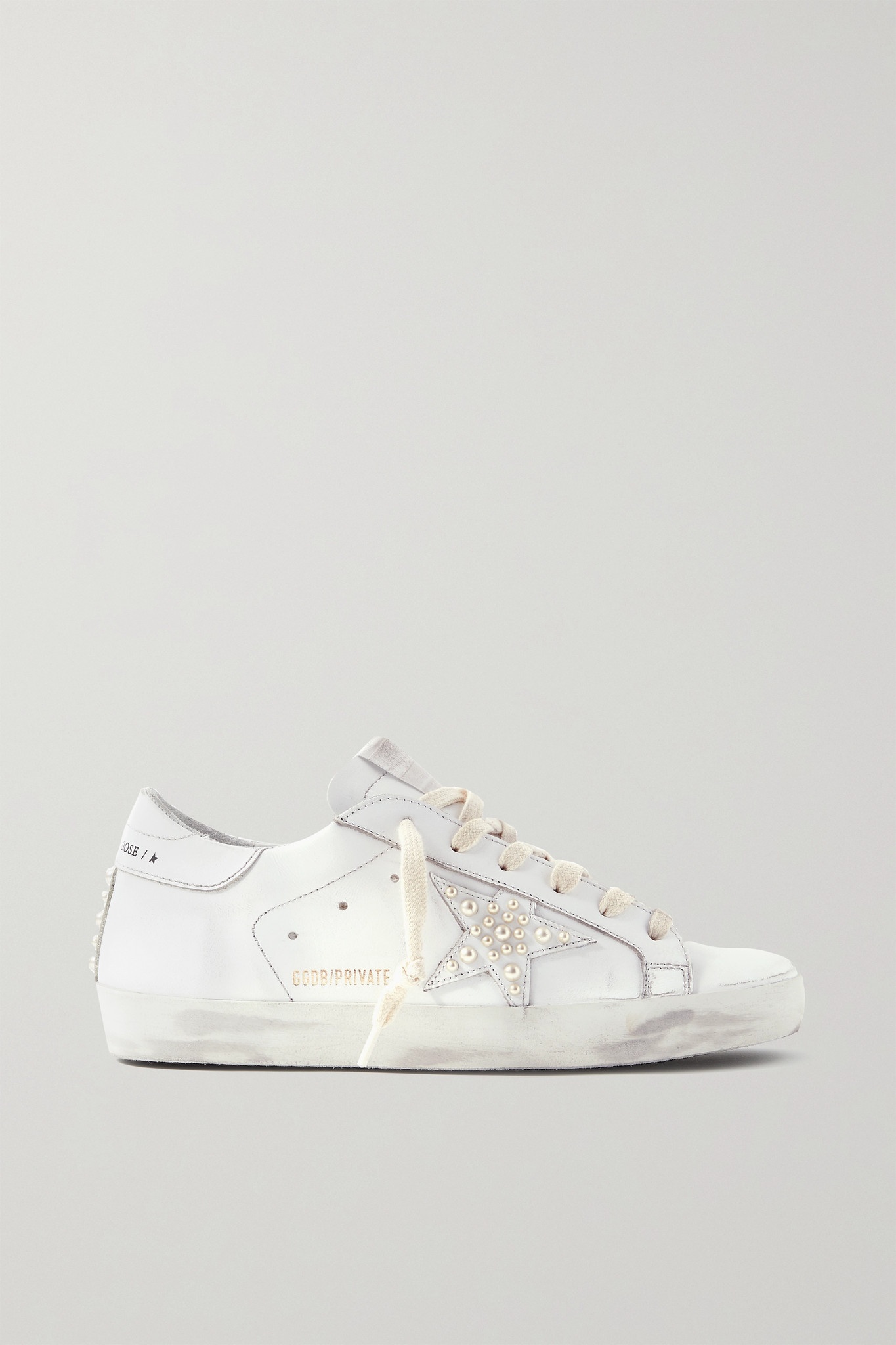 Superstar crystal-embellished distressed leather and suede sneakers - 1