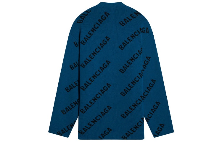 Balenciaga All Over Logo Crewneck Wool Knit Sweater 'Petrol Blue' 657400T15672470 - 2