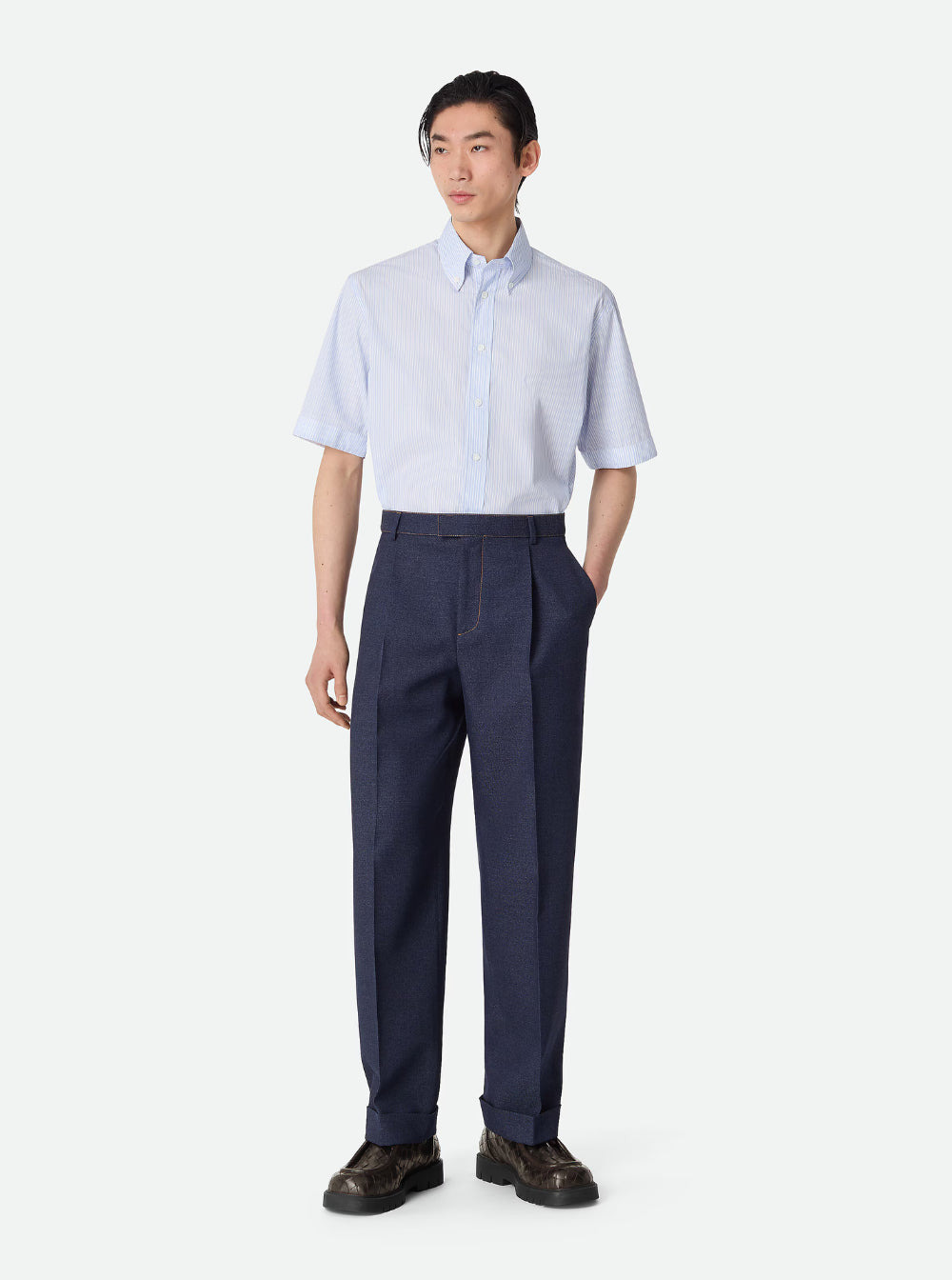 Bottega Veneta Men Blue Pants With Belt Loops And Turn-Up Hem In Wool Man - 4