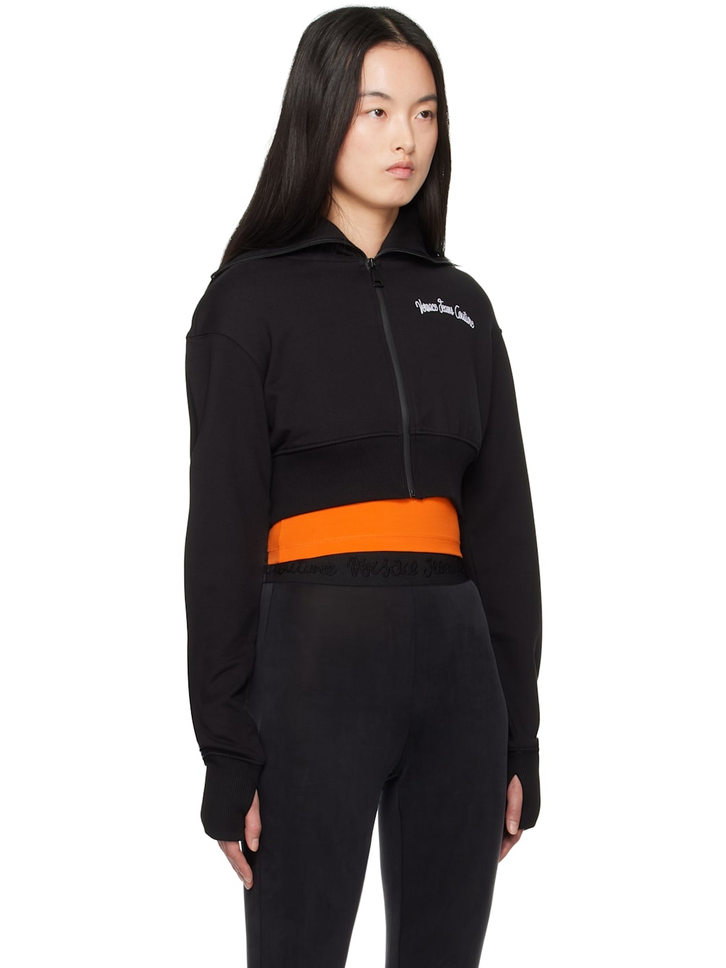 Black Embroidered Logo Crop Zip Hoodie - 2