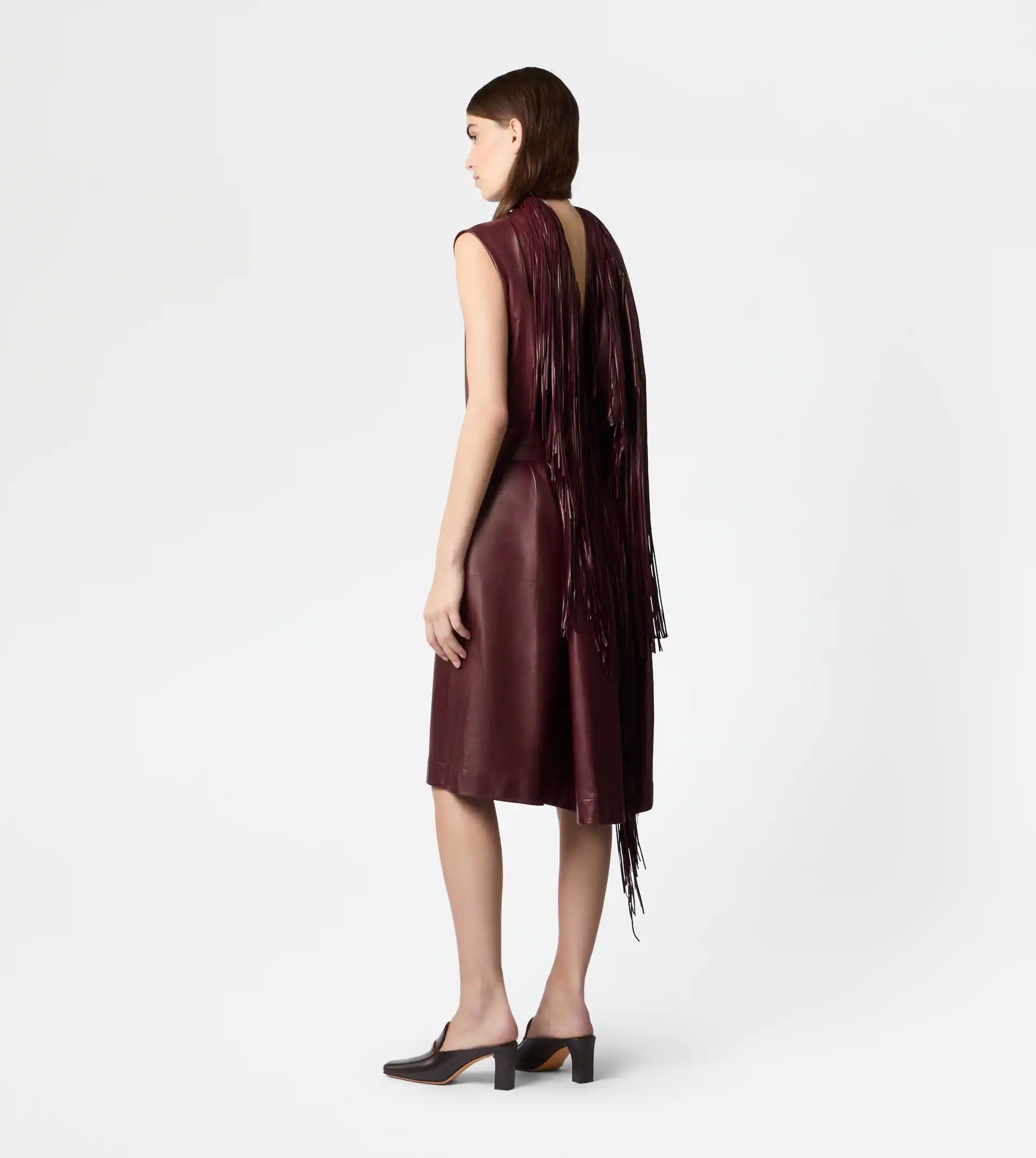 DRESS IN NAPPA LEATHER WITH FRINGES - BURGUNDY - 3