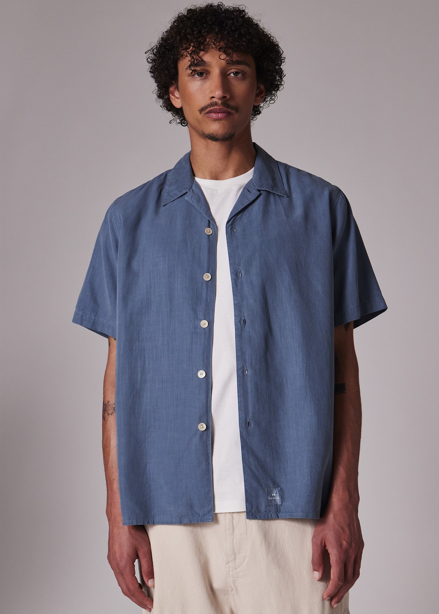 Blue Lyocell-Cotton Short-Sleeve Shirt - 7