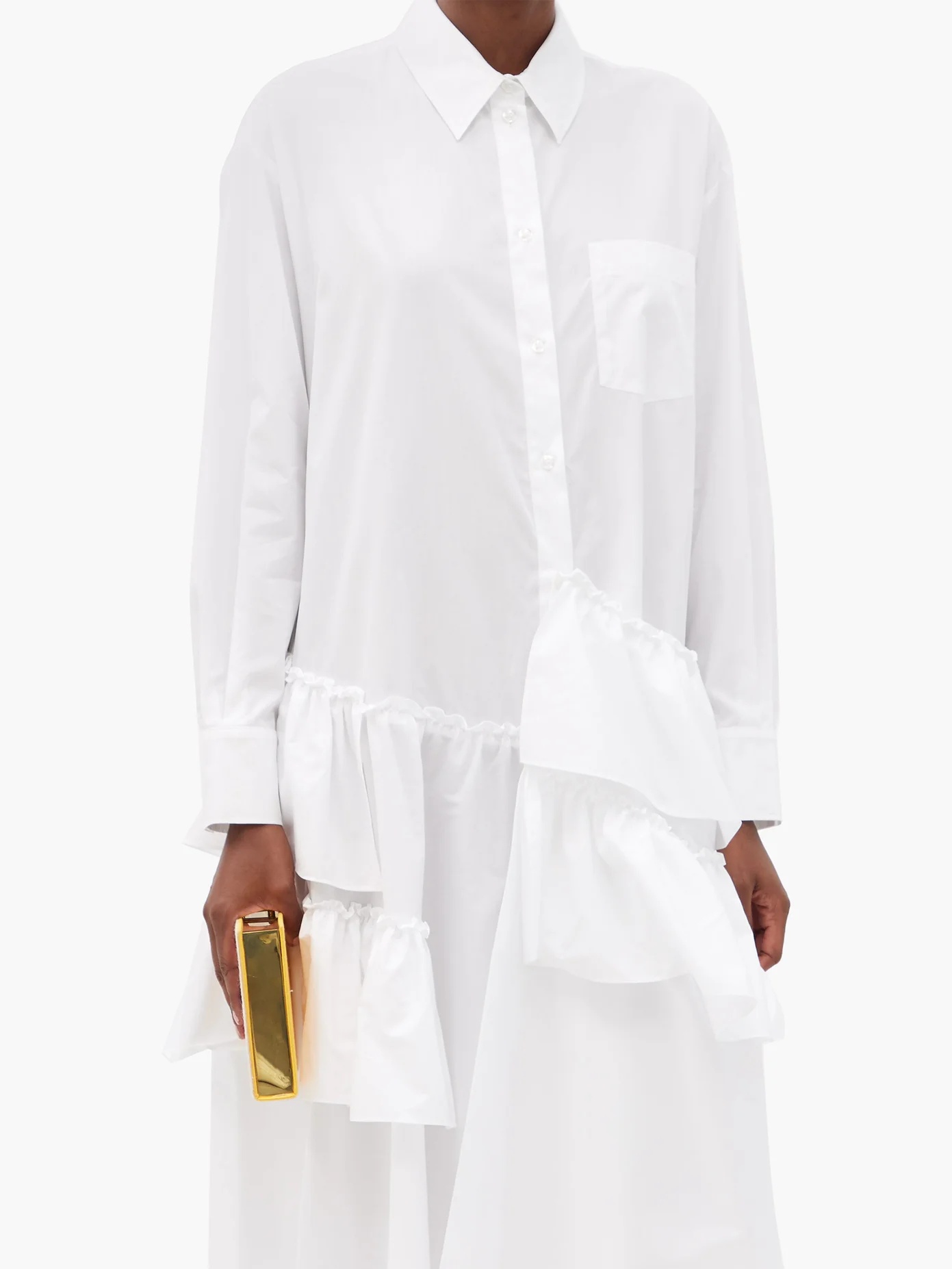 Asymmetric-ruffled cotton-poplin shirt dress - 6